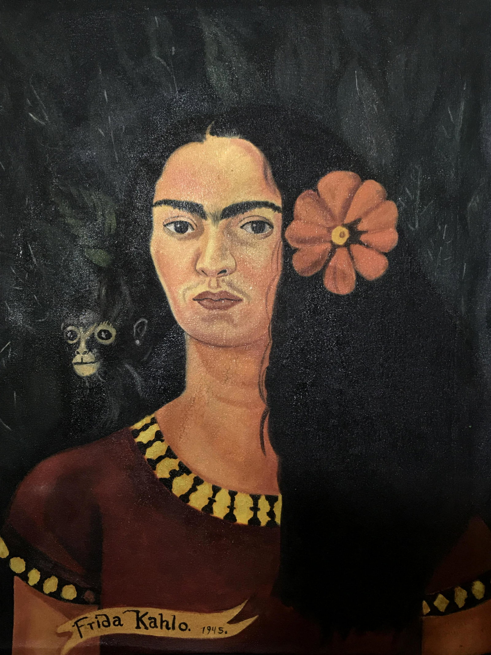 Signed Oil on Canvas AFTER Frida Kahlo: Signed oil on canvas self portrait, signature in the lower left corner reads Frida Kahlo., Please Note: All lots that do not carry established documented provenance nor any past record of auction hist