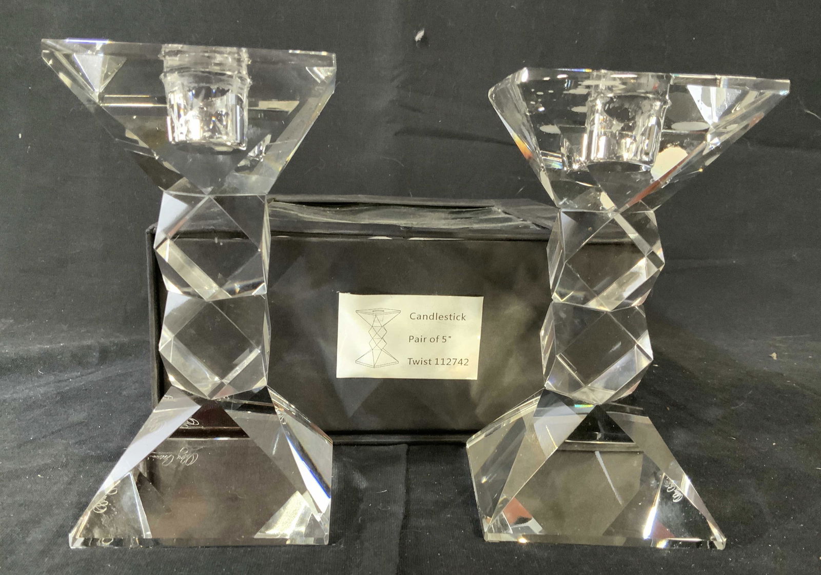 Boxed Pair Oleg Cassini Crystal Candle Sticks: Vintage candlesticks, possibly never used in original fitted box, each measures 5 inches ht, table ware, crystal candle sticks, Oleg Cassini table accessories,