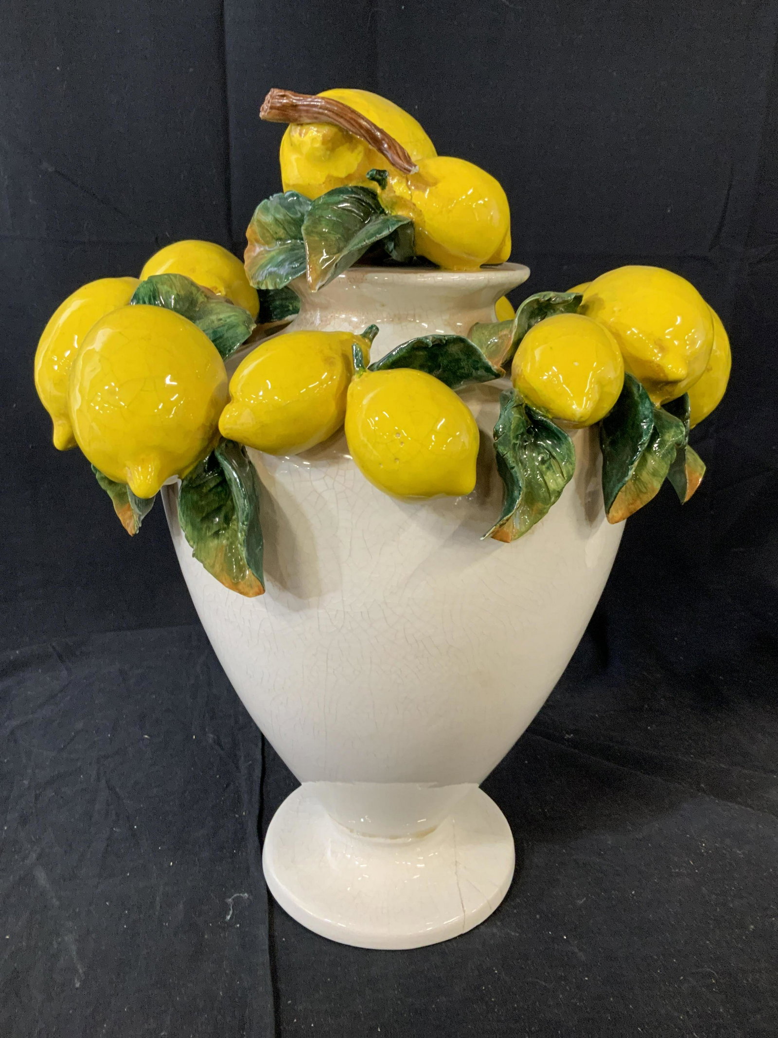 Pair Grande Lemon Accented Porcelain Urns: Possibly made in Italy Capidimonte, white balustrade form pedestal urns with lemons and leaves in rings around neck and rise, statement decorative arts, arts and crafts, porcelain ceramic home decor, 