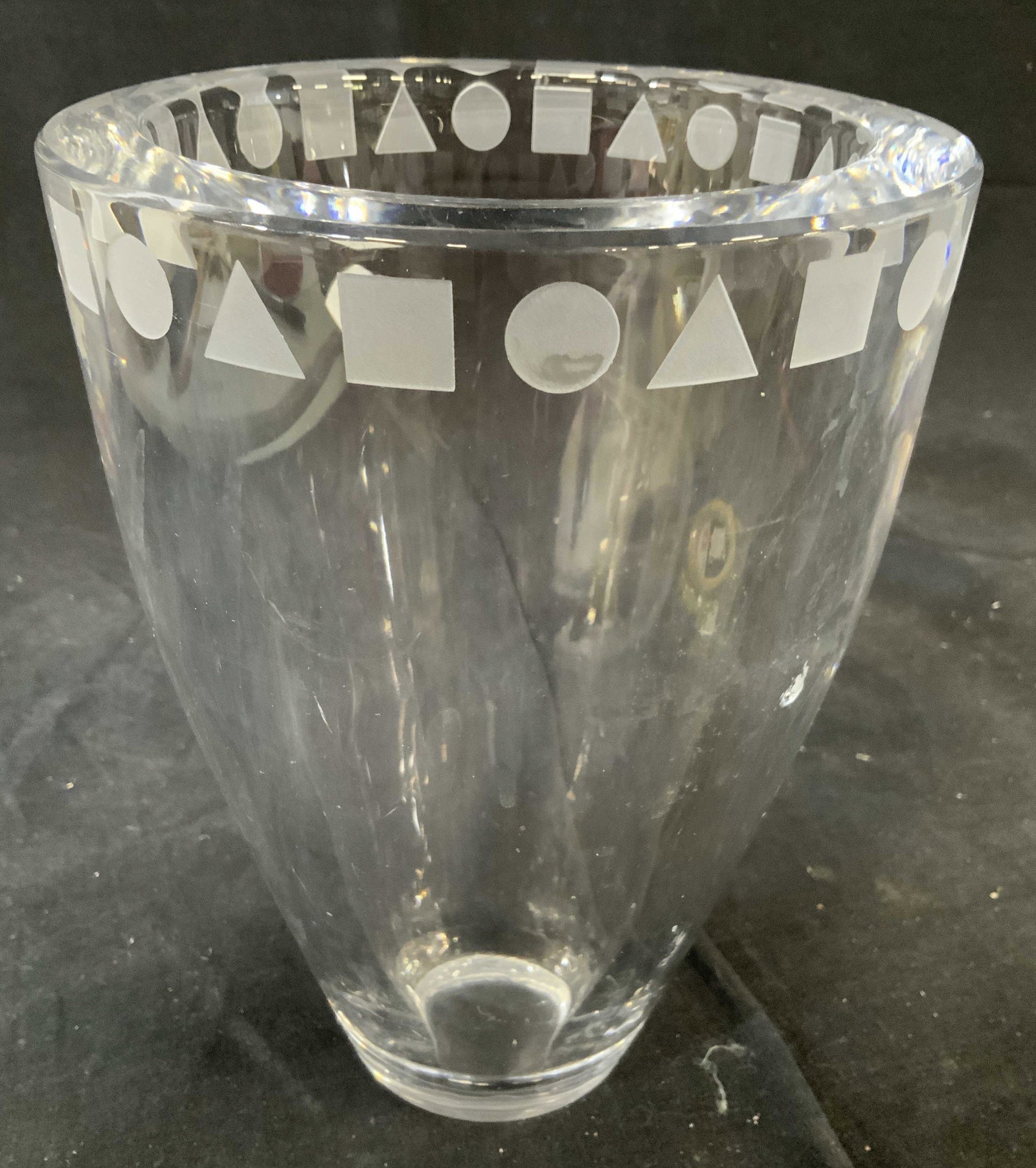 Vintage SASAKI Etched Heavy Crystal Vase: Thick heavy crystal with etched frosted geometric as rim detail, signed underside for SASAKI, measures ht app 9 inches, diameter app 6 inches, tableware, vase, vessel, decorative arts and accessories