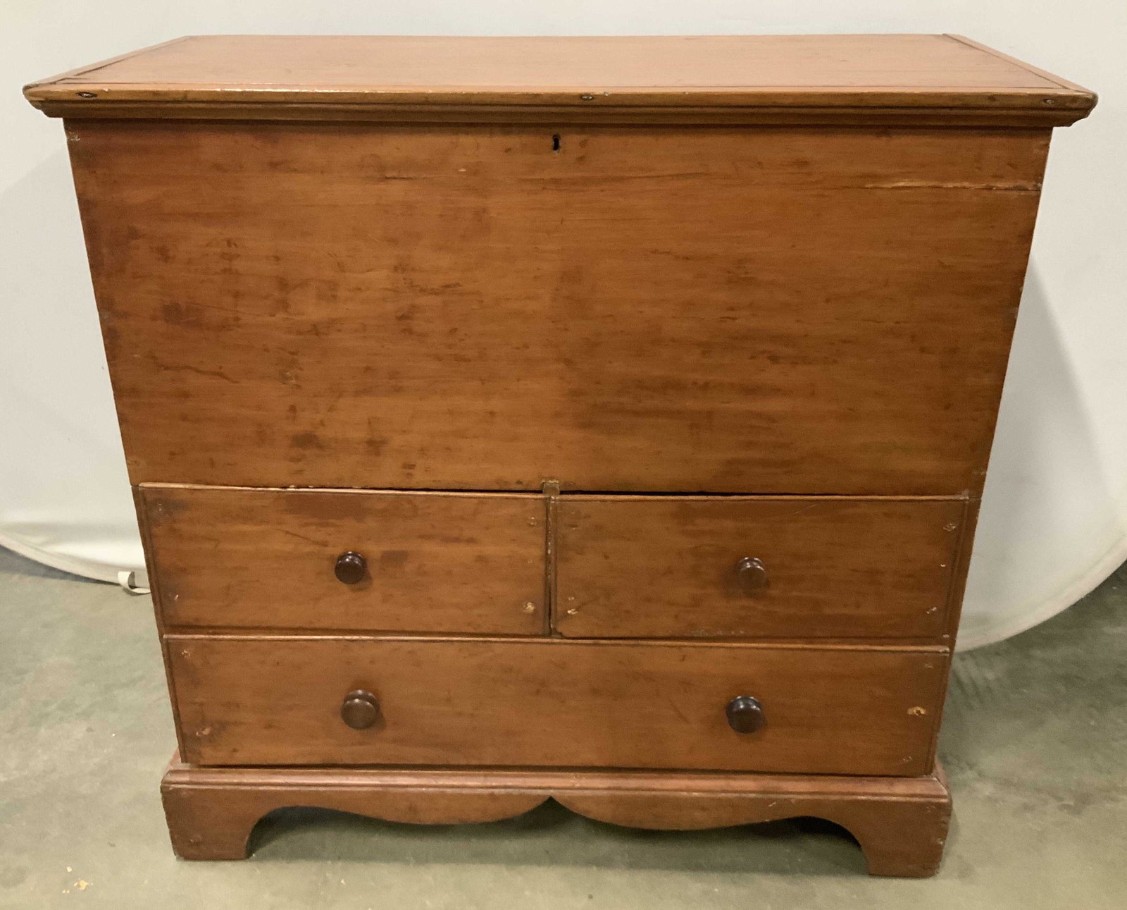 Antique Chest Blanket Box Dresser: Antique wood dresser, wood knobs, carved Apron, Americana, top has hand wrought Iron hinges lifts to storage, blanket chest, measures ht 38 inches, top 39 by 18 inches, dresser, chest, commode, countr