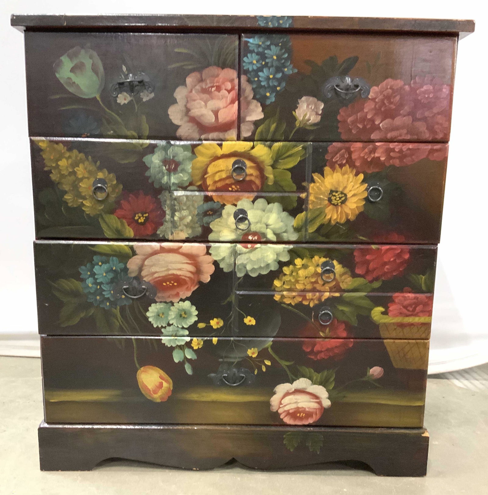 Antique Hand Painted Chest of Drawers: Commode, dresser, night table, hand painted floral design, country decor, has 5 drawers, has Asian design elements, red lacquer interior, base is painted on lacquer, possibly Asian chest of drawers, m