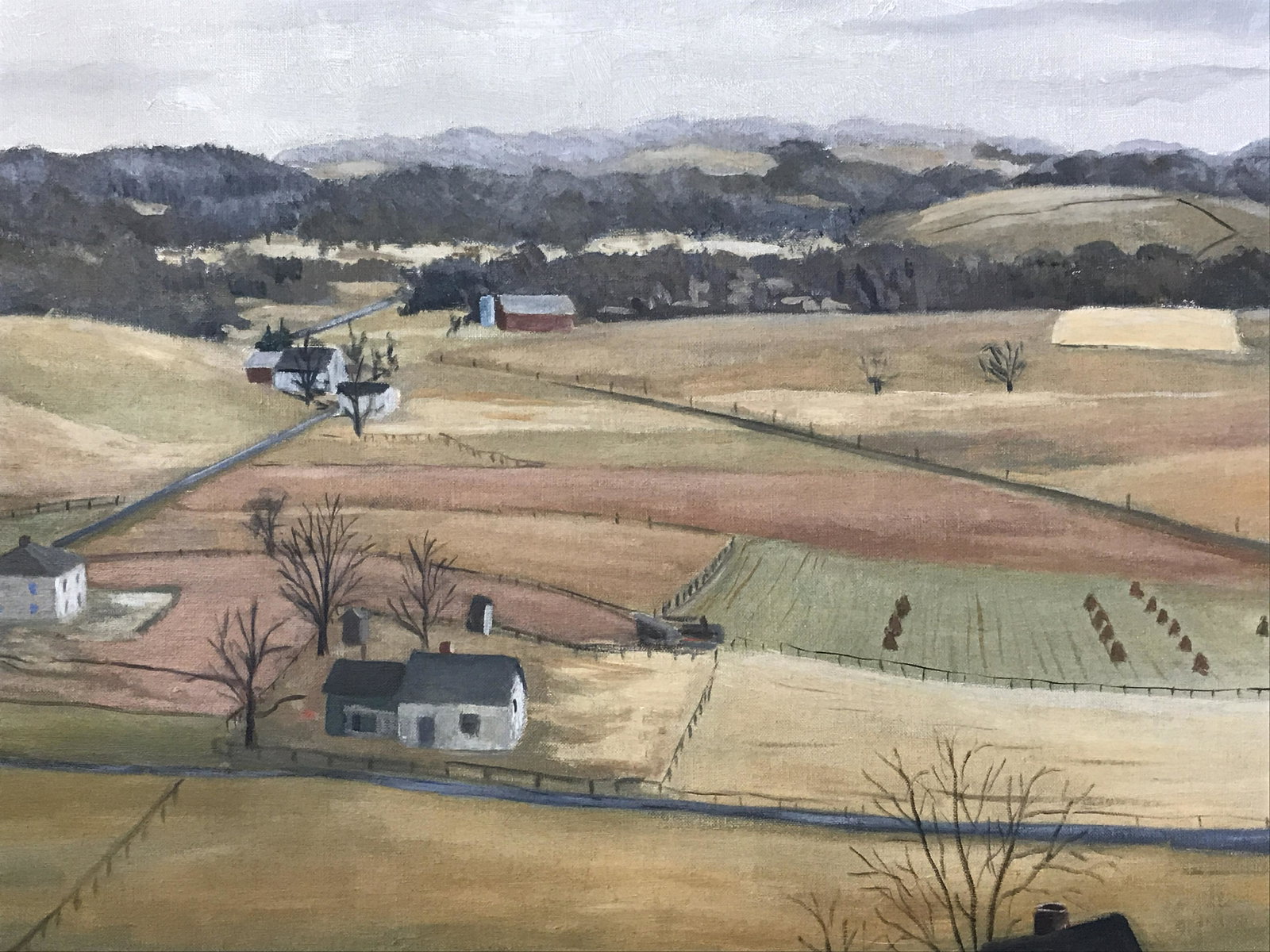 Signed Oil on Canvas Board Thomas Barrett: Signed oil on canvas board, signed in the lower right corner T. Barrett, subject birds eye view landscape of farm lands with trees and rolling hills in the background, muted color palette creating a s