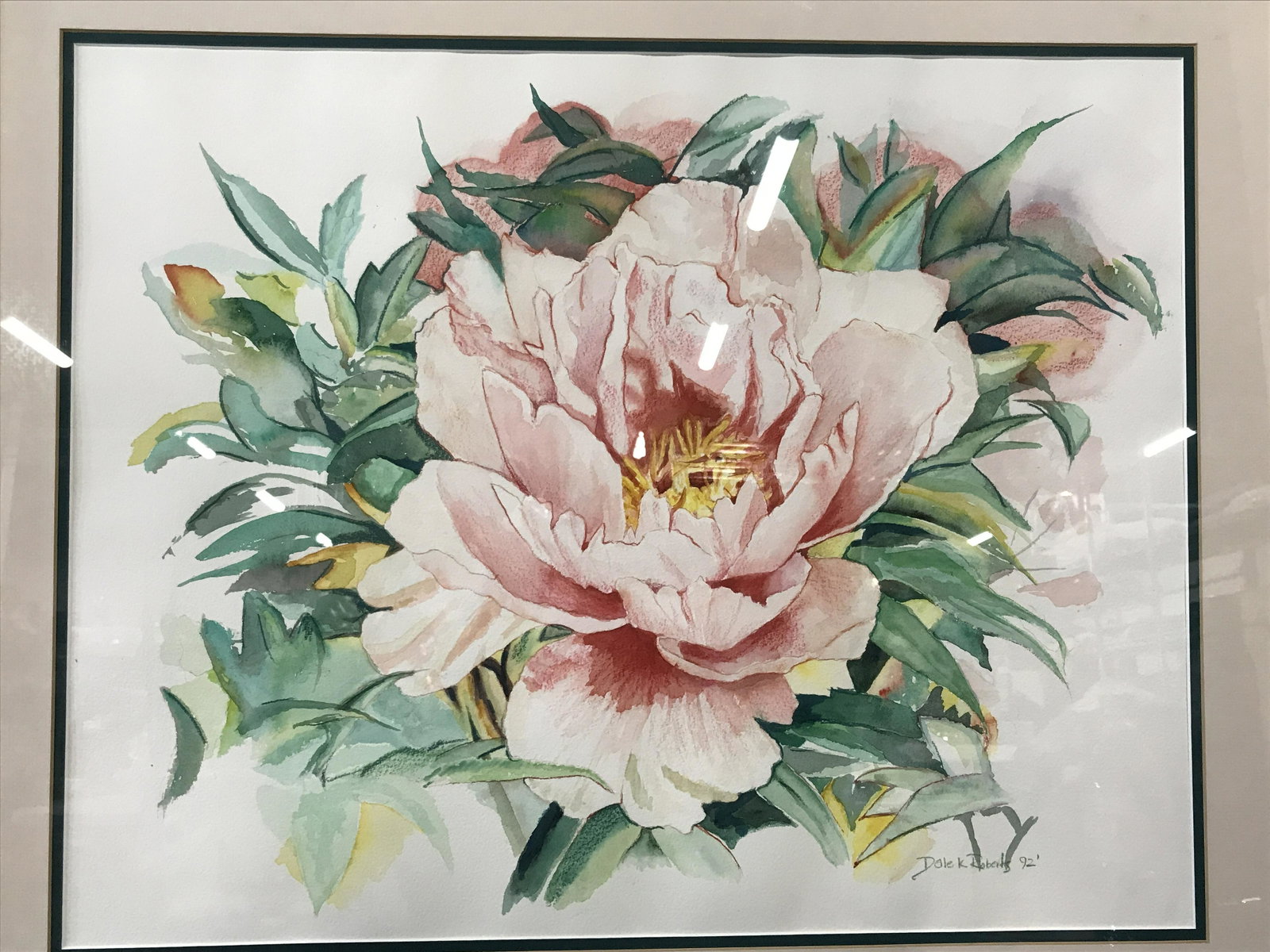 Signed Watercolor Dale K. Roberts: Signed watercolor on heavy weight paper, possibly mixed media with colored pencil, signature in green in the lower right corner reads Dale K. Roberts, date in the lower right corner reads 92, subject 