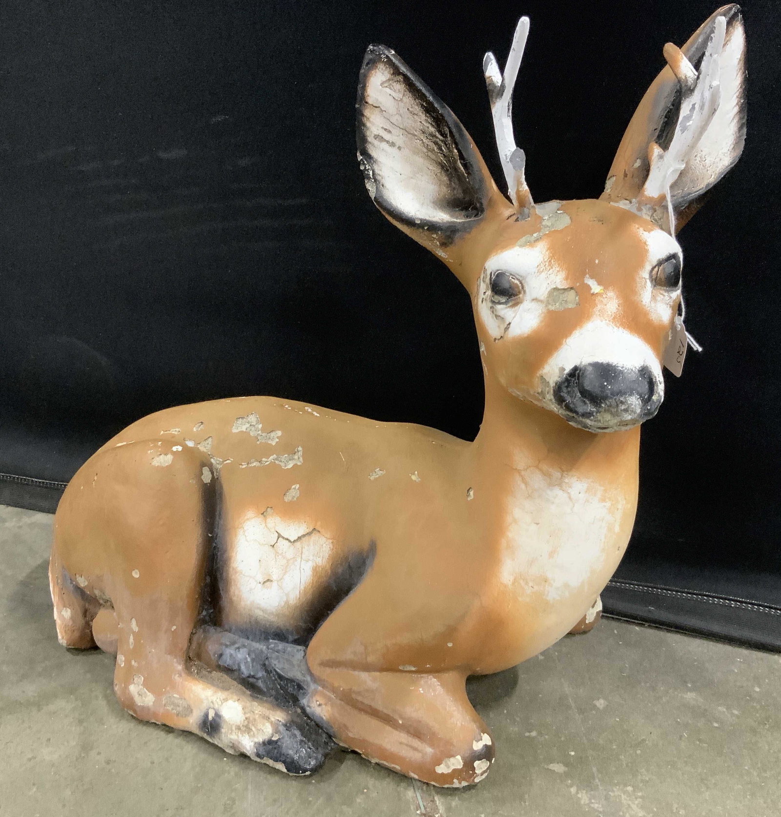 Painted Cement Deer Sculpture: Lawn ornament, garden statuary, vintage deer sculptural with paint, garden decor, decorative object, deer w antlers measures ht 15 inches length app 20 inches