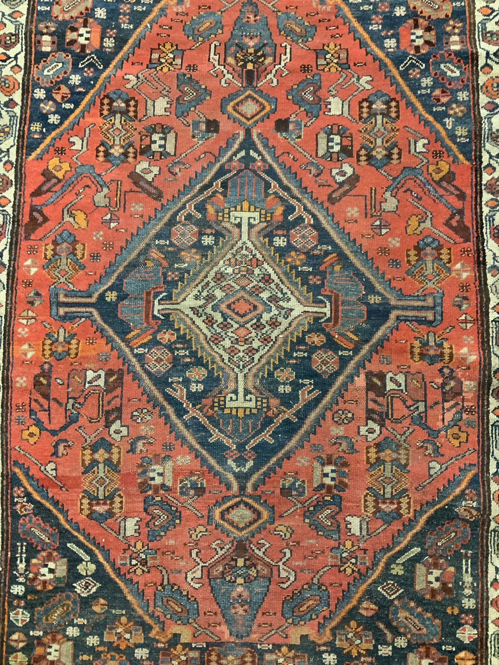 Antique Oriental Carpet Rug: Has color fading and wear to surface, measures app 63 by 39 inches, oriental carpet, wool carpet vintage POSs antique carpet, textile arts and crafts, home accent and decor,