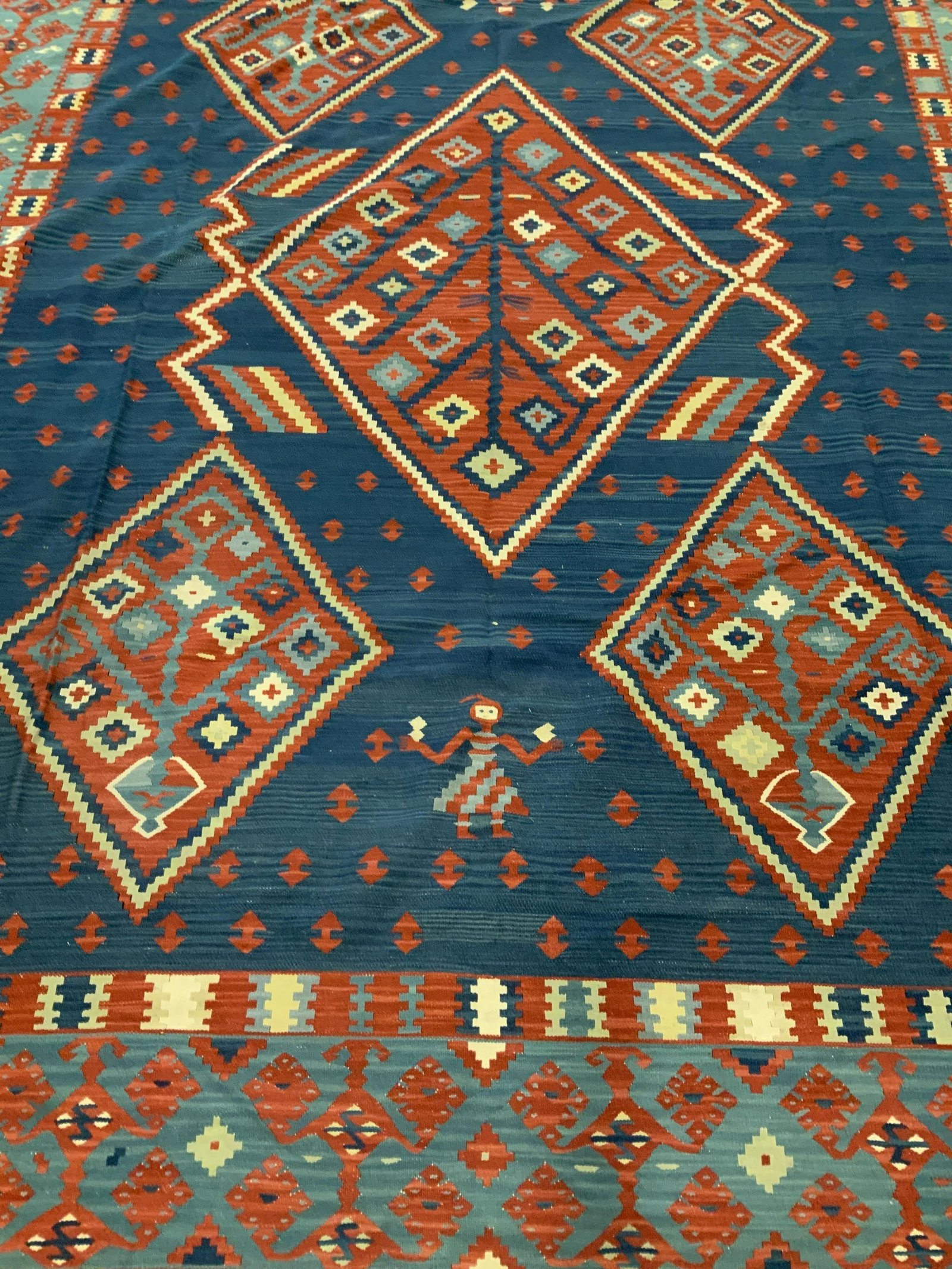 Room Size Turkish Kilim Carpet: Carpet, rug, tones of blues, reds and creams, geometric sand Figurals, measures app 139 by 108 inches, Turkish carpet, woven carpet, home decor, decorative arts and accessories, Kilim carpet