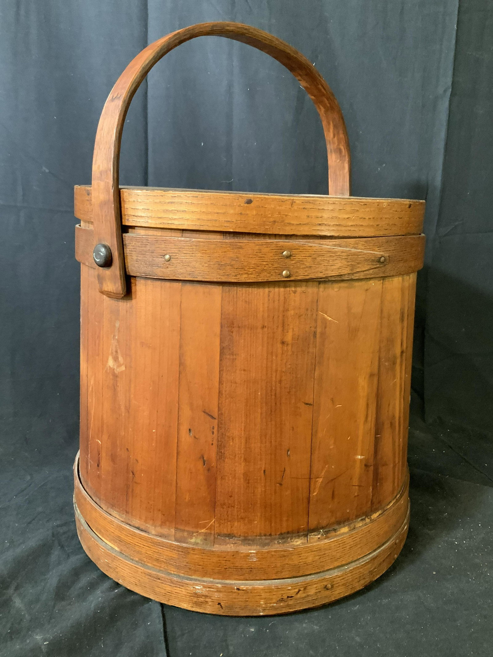 Antique Hand Made Wood Basket w Banding: Lidded basket with movable handle, lid has stamps illegible, sides tapered out, shaker style antique basket, country collectibles, country antiques, small table, decorative accessories, arts and craft