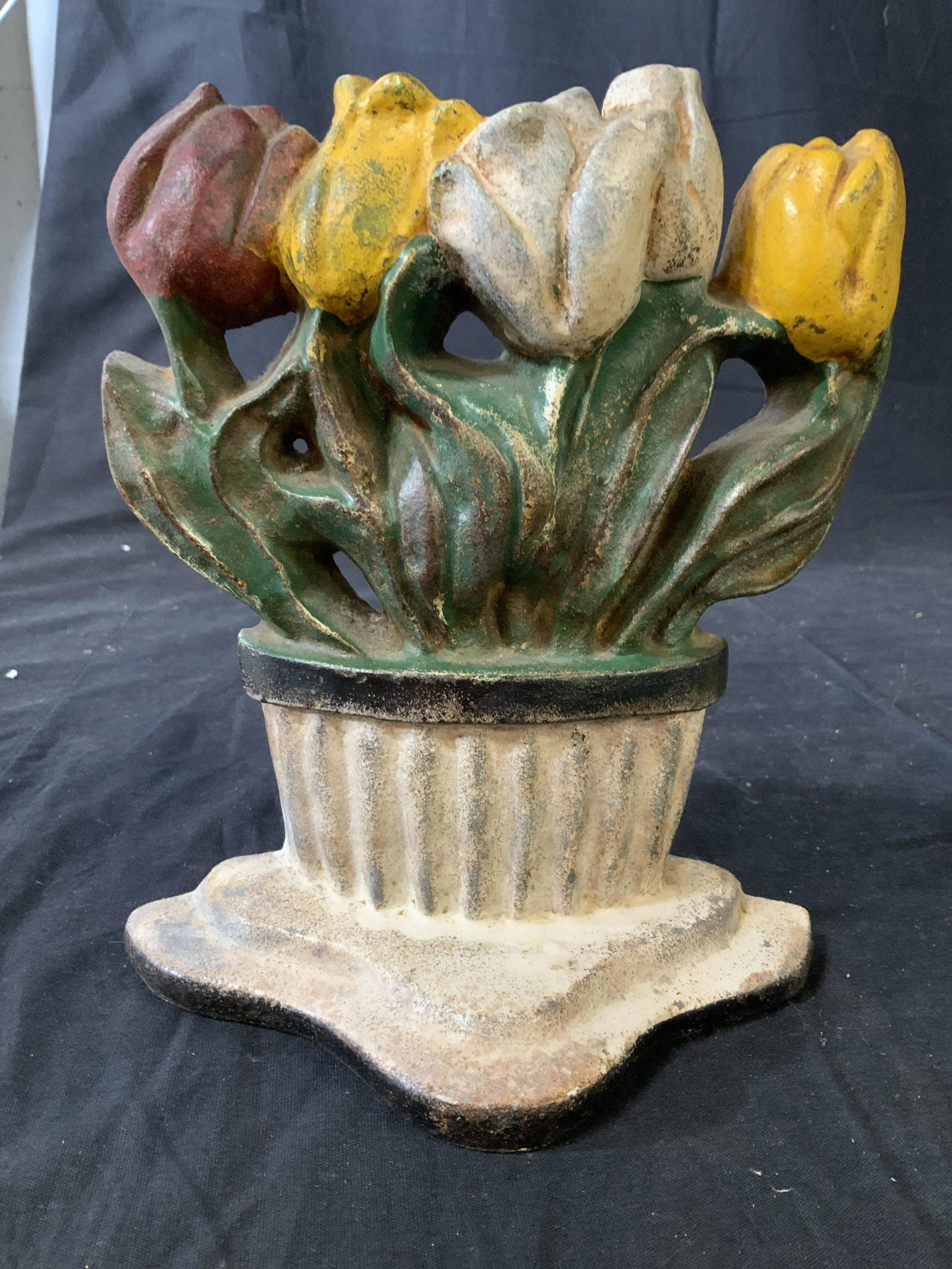 Vintage Painted Iron Door Stop: Collectible, tulips in a pot design, original paint, vintage possibly antique measures ht 8.5 inches width 7.5 inches, decorative arts and accessories, home accent