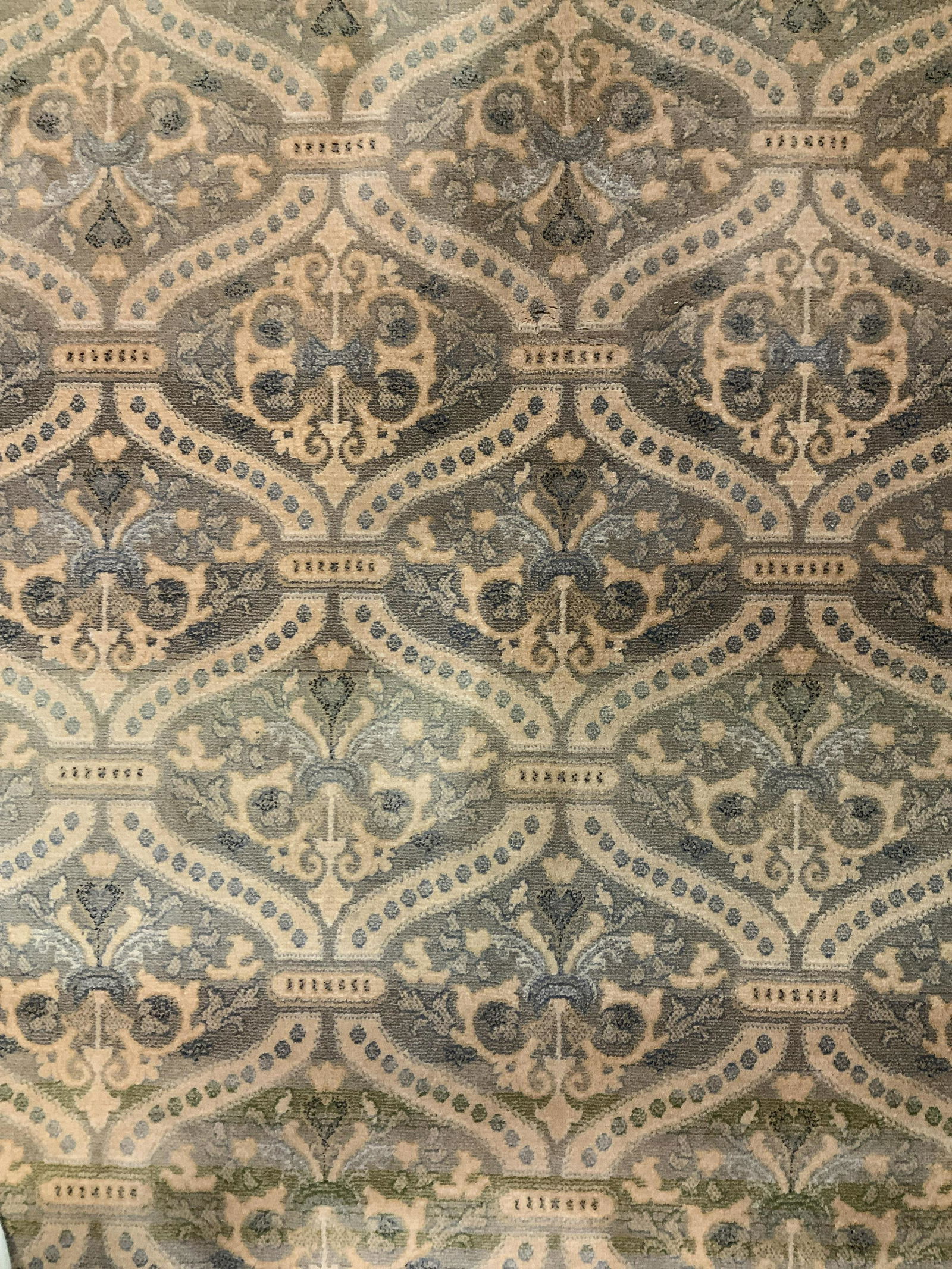 Gold Green Toned Wool Carpet: Measures 76 by 52 inches, repeating geometric design, label on back illegible due to fading, carpet, rug, home accents, home decor, textile arts and accessories