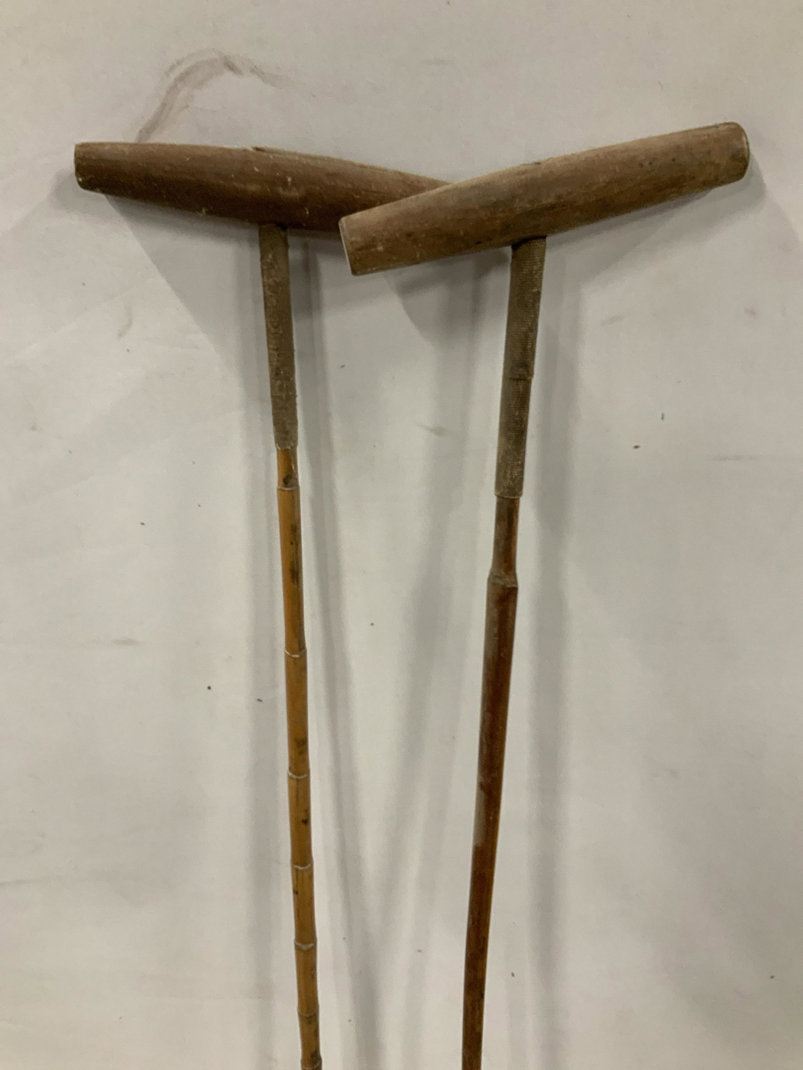 Pair Antique Wood Bamboo Polo Mallets: Equestrian collectible, polo sticks, polo mallets, horse theme sports, games, equestrian sports equipment, polo mallets, each measures ht 50 inches, length 10 inches of mallet, up cycle equestrian dec