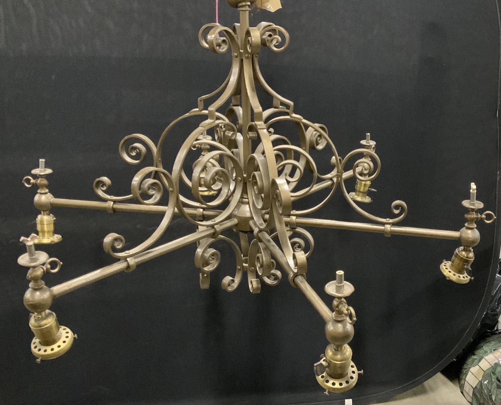 Vintage Iron Scrolled 6 Arm Chandelier: Ornately curled and scrolled iron chandelier in gilded bronze tone, 6 spokes with sockets measures ht app 29 inches diameter app 38 inches, vintage lighting, ceiling fixture, chandelier