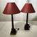 Pair of Wooden Lamps with Red Shades