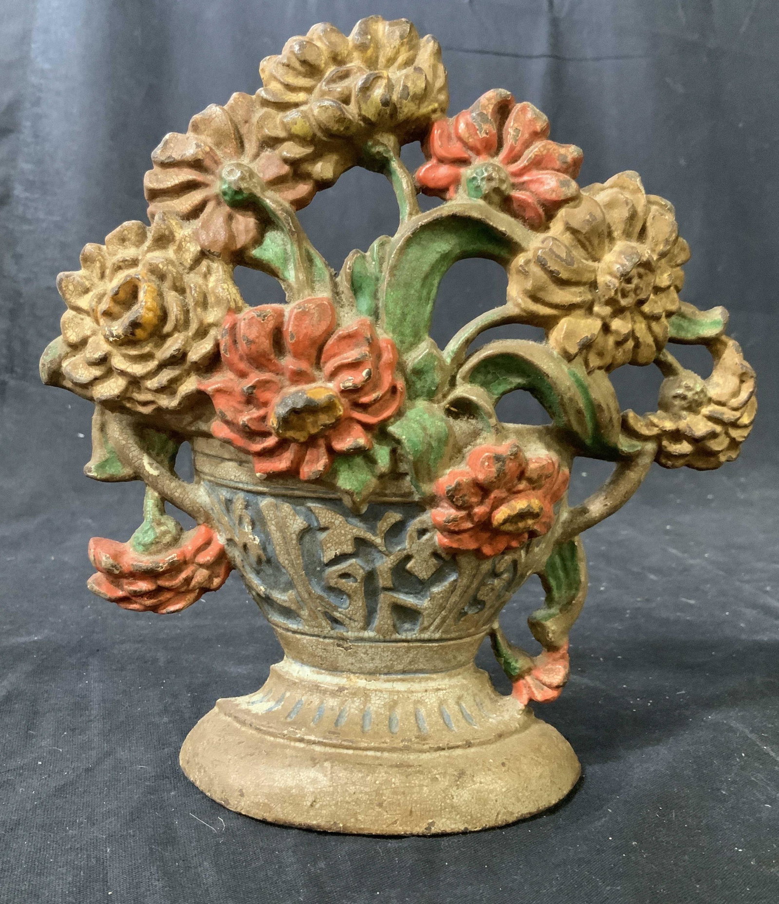 Antique Cast Iron Doorstop Flowers: Floral arrangement in basket vase, has original paint, collectible cast iron door stop, decorative object, measures app 8 inches by 7 inches, number 267 on back