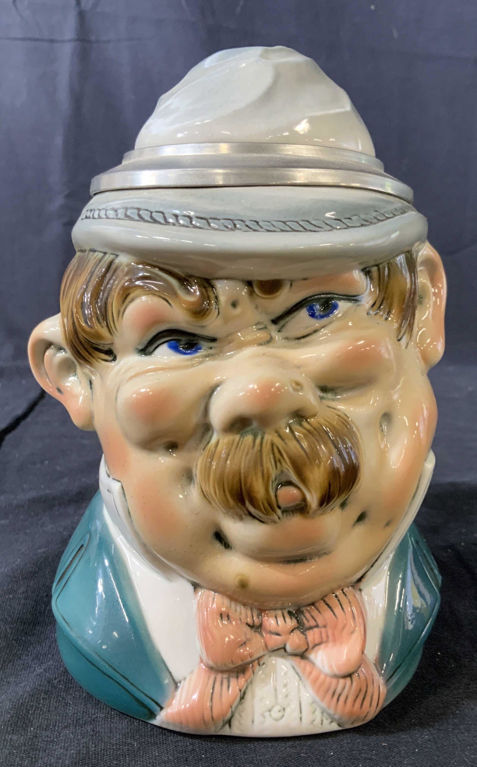 Vintage Toby Mug Beer Stein, Made in Germany: Caricature of reveled, pewter trimmed hinge lid, marked underside for made in Germany Germany, trademarked, underside, trademarked inside lid, measures ht app 7.5 inches, collectible, Stein, tankard, 