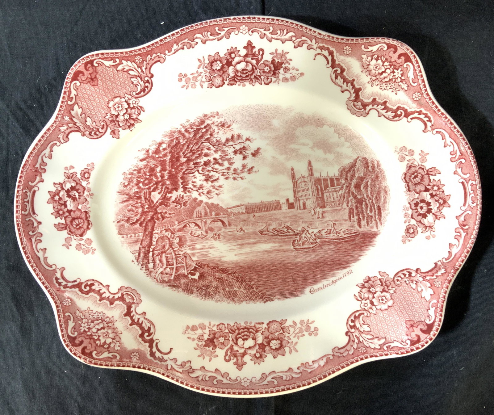 Johnson Brothers English Porcelain Platter: Scene of Cambridge 1792, transfer ware style, toile ware style, English ceramic porcelain, tableware, serving platter, centerpiece, measures 12 by 10 inches