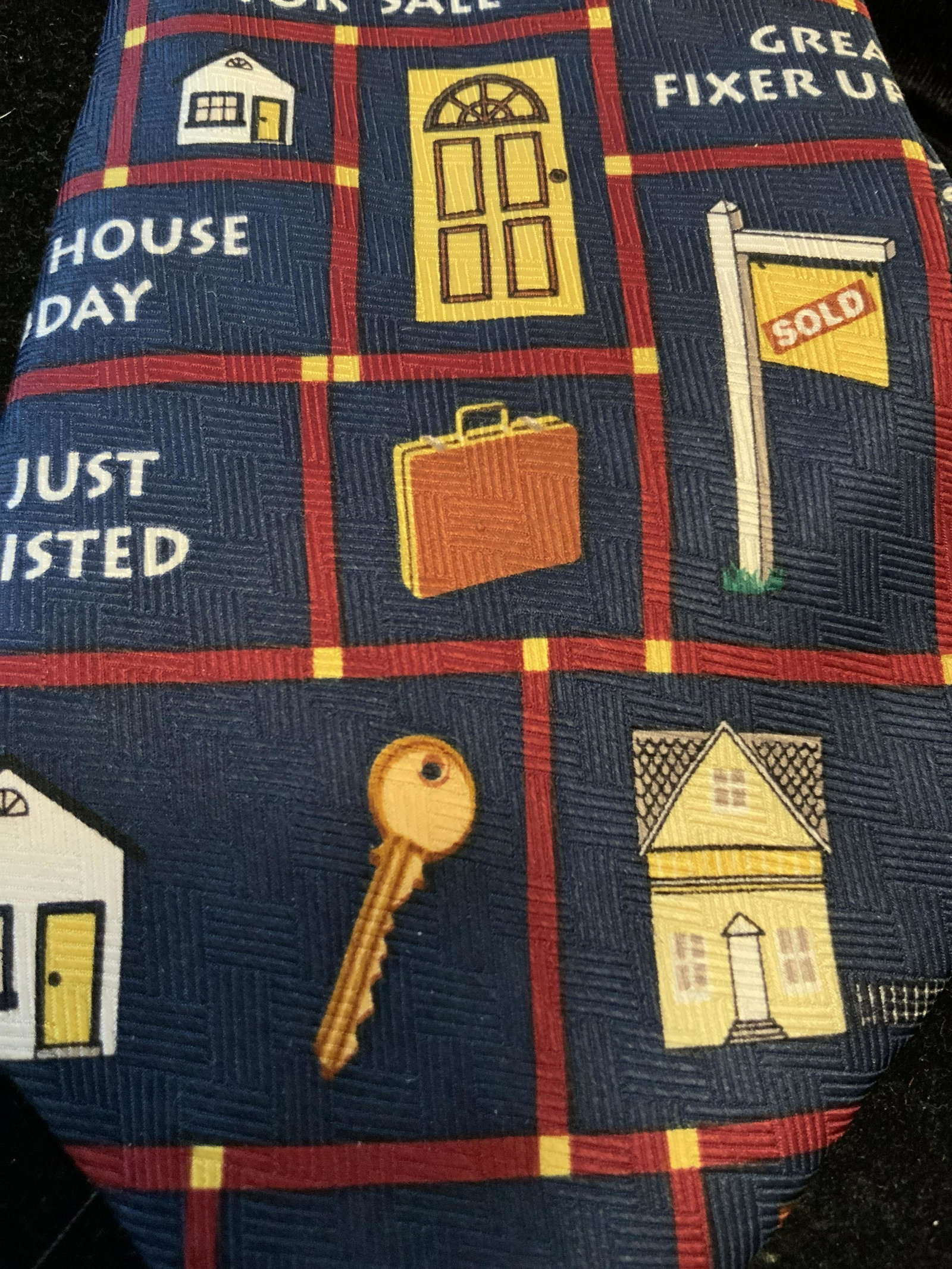 Vintage Real Estate Novelty Silk Tie Fashion: Label reads 1998 Real Estate Squares by Ralph Marsh and Co, Realtors delight fashion tie, open house, for sale, just listed graphics, silk necktie, fashion accessory, real estate broker wear, novelty 