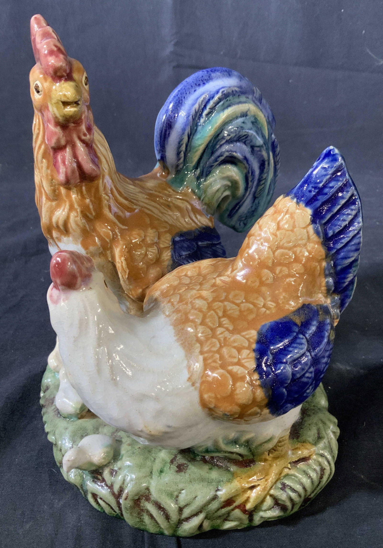 Hand Made Ceramic Rooster with Chickens,: collectible, farm animal scene, rooster, chickens, baby chicks, table top decorative accessory, farm house chic, animal statuary, ht app 9 inches diameter beast app 10 inches