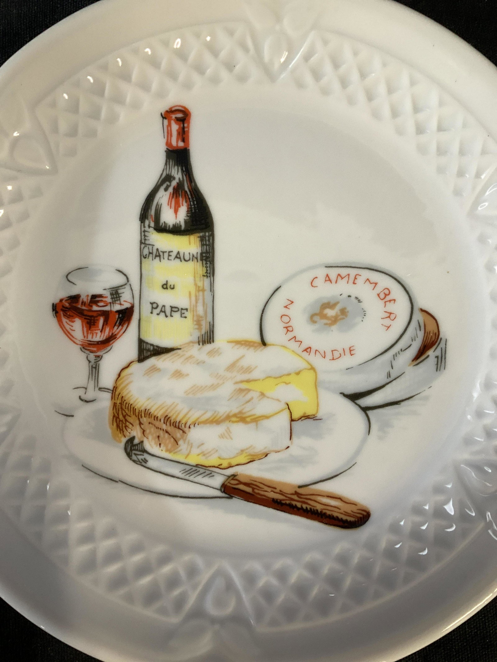 Boxed Set 6 Deshoulieres French Porcelain Plates: Boxed set of porcelain themed canapé plates, French porcelain table ware, serve ware, designs include wine, lobster, cheese grapes, , shrimp, olives and more, each plate different, diameter app 5.5 i