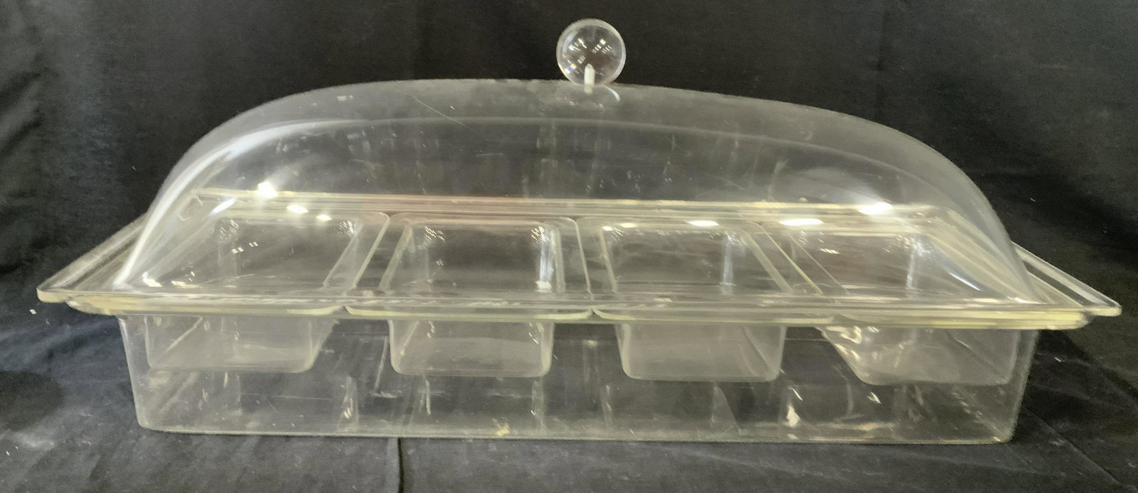 Vintage Lucite Buffet Serve Ware w Fitted Trays: Lidded serving piece with rectangular base and four insert fitted tray compartments, measures ht 12 inches , 10 by 27 inches, out door food service piece, table ware, bbq, buffet service, has wear
