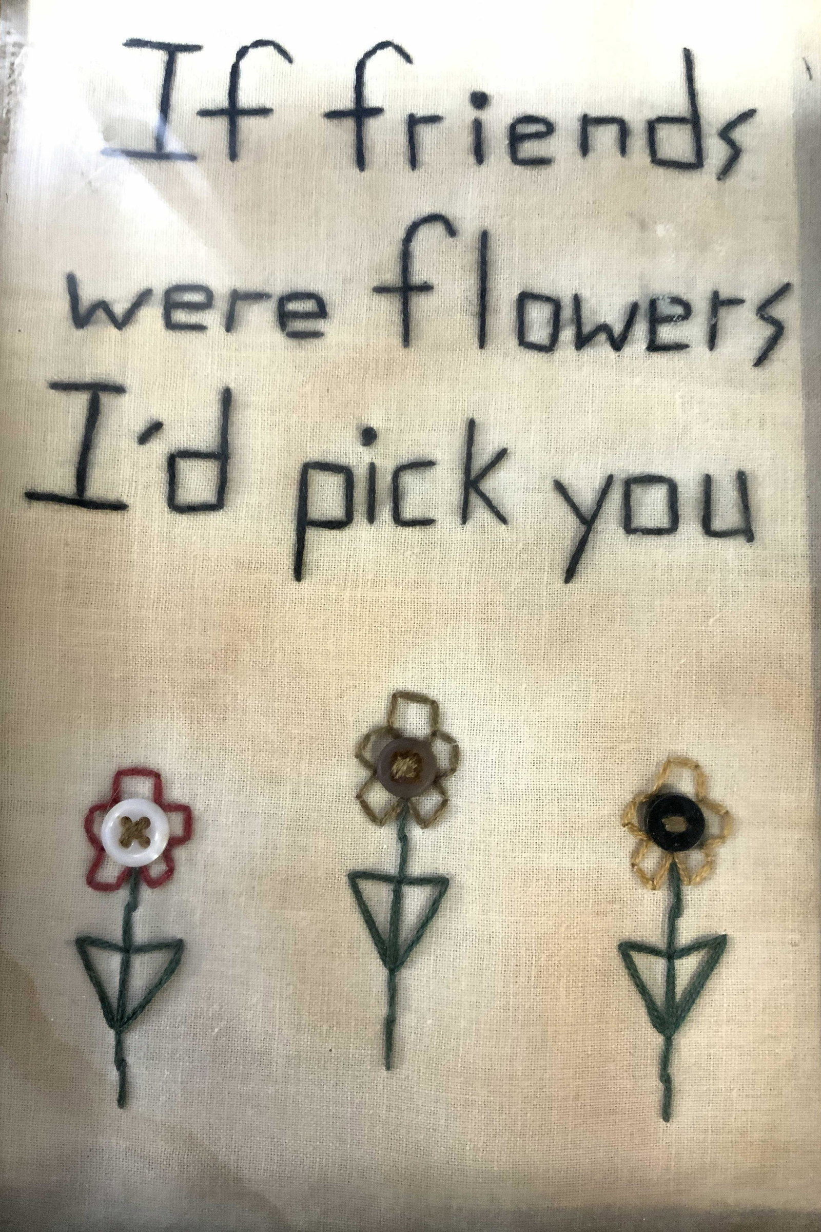 Framed Sampler w Saying and Flowers: Vintage possibly antique needle craft, embroidery, sampler, measures 8.5 by 6 inches
