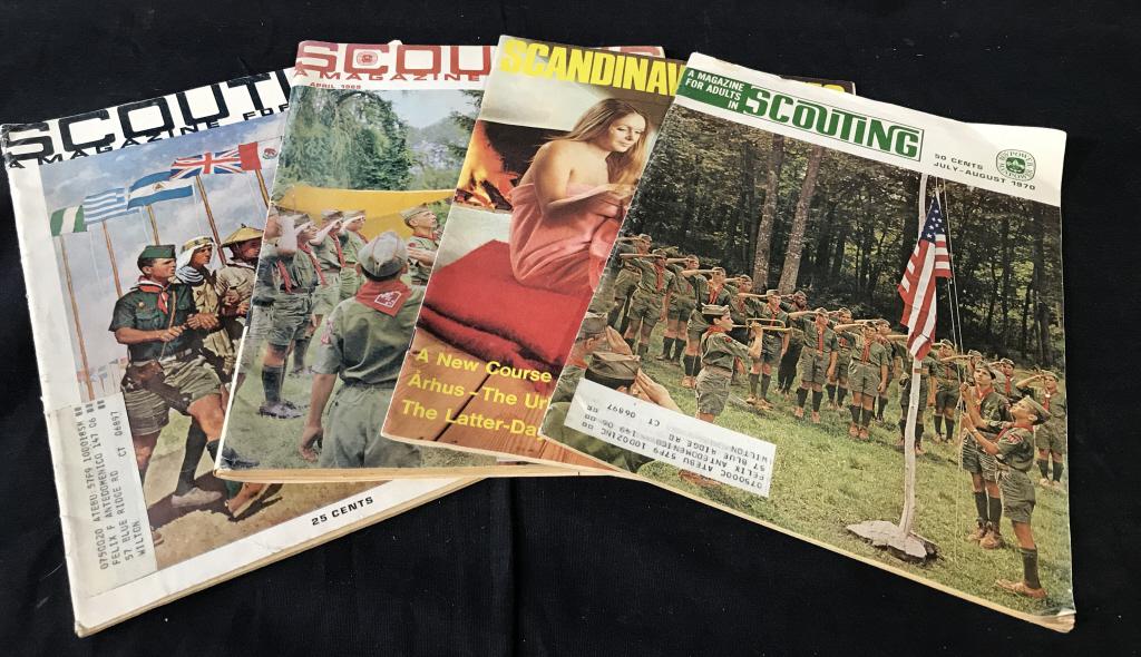 Lot 4 Vintage Magazines & Periodicals: This Lot contains 4 magazines. The magazines include SCOUT MAGAZINE FOR ADULTS, A MAGAZINE FOR ADULTS IN SCOUTING, and a copy of SCANDINAVIAN TIMES. The largest piece measures approx 11.5 inches H and