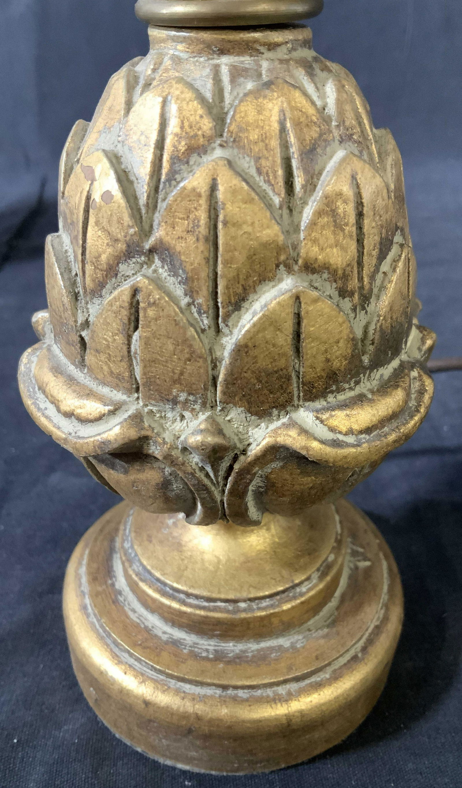 Gilded Composite Pineapple Form Lamp: Gilded Composite Pineapple Form Lamp, desk lamp, lighting, comes with black shade and inside lining of foil gold black almost leopard like pattern gold pineapple or artichoke form base, with shade mea