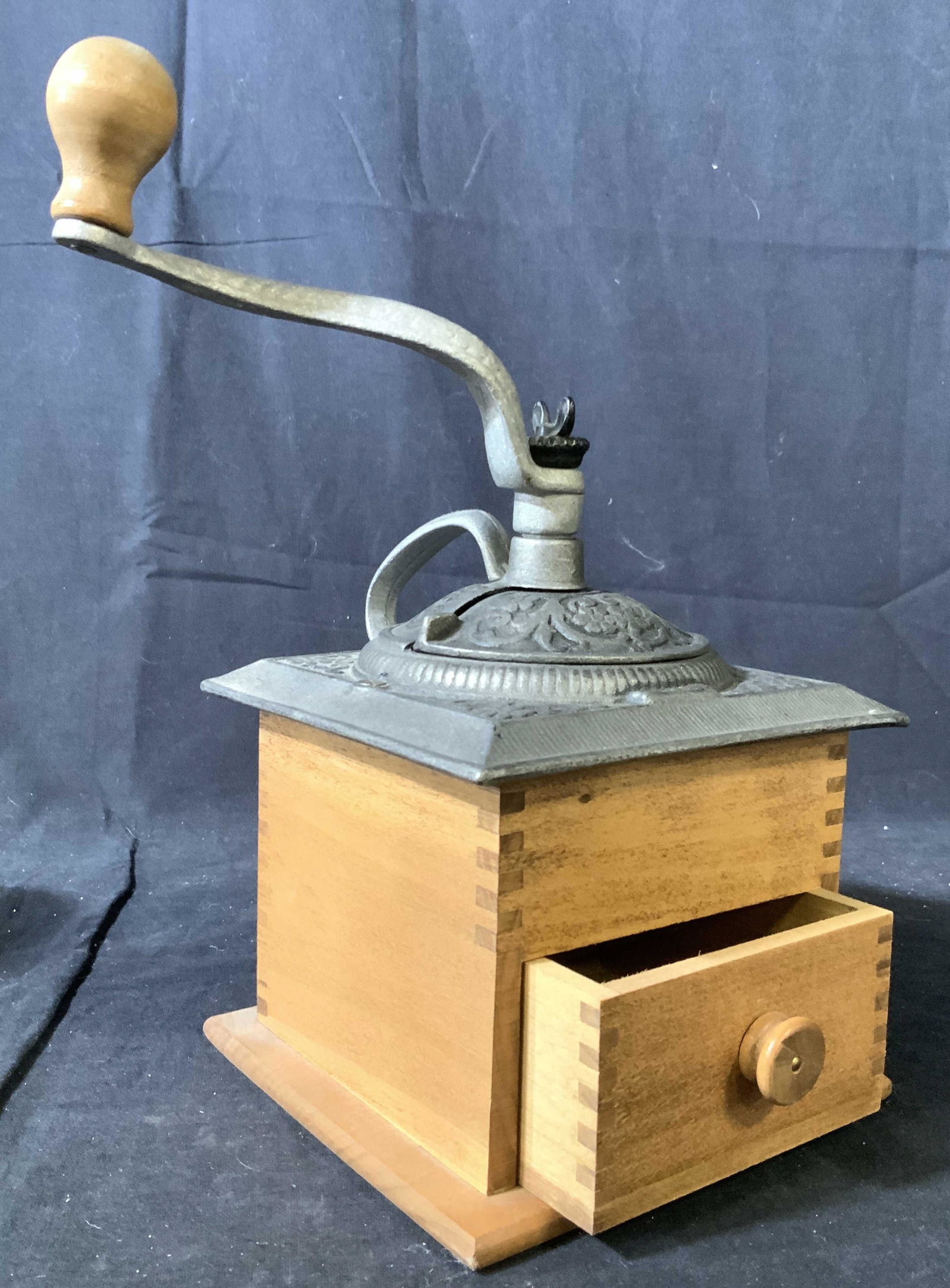 Vintage Wood Metal Coffee Grinder: Winding mechanism metal w wood knob, hinges sliding top for pouring coffee, lower section has pull out drawer, collectible, country decor, measures htb11 inches base measures app 6 inches square, coll