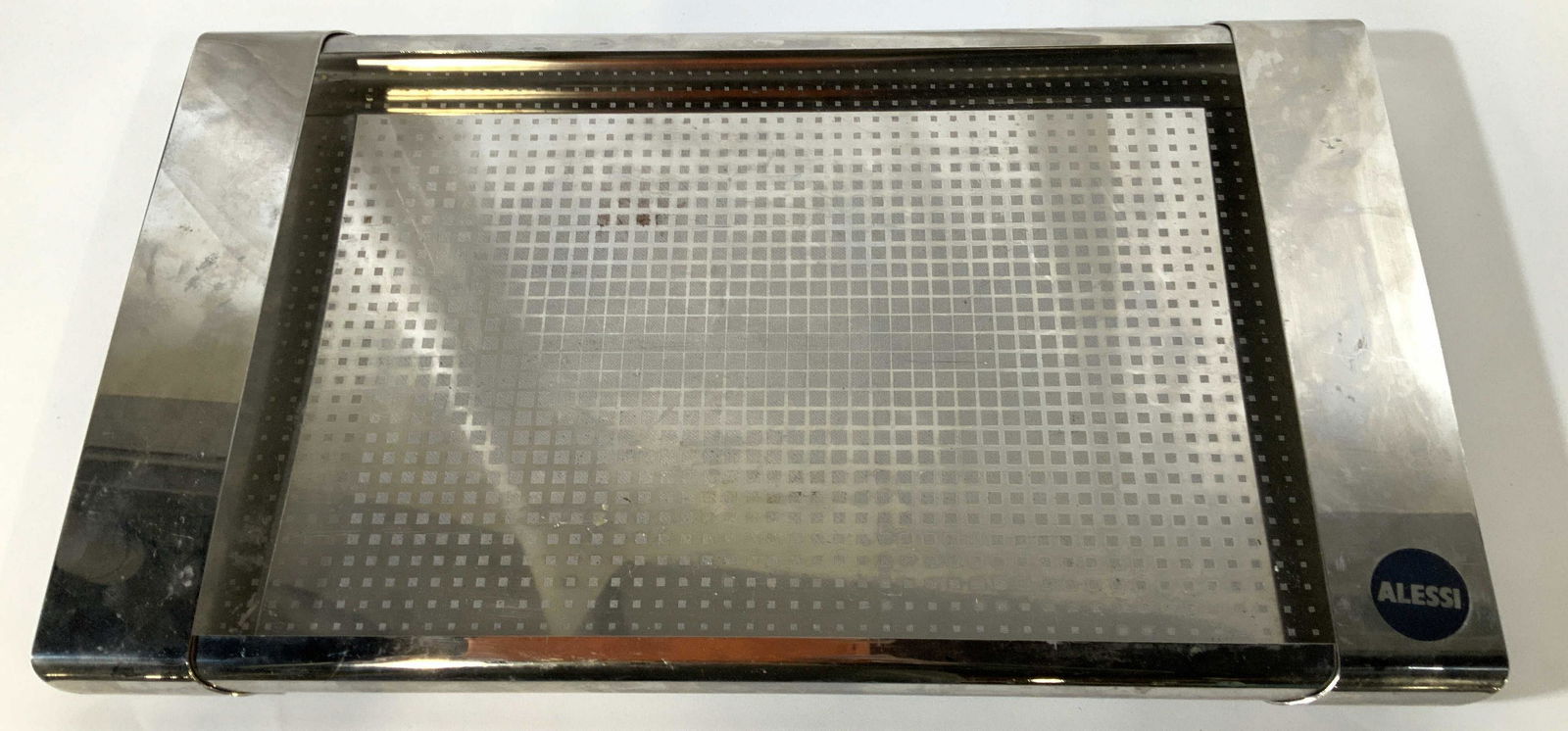 Alessi Designer Chrome Tray: Vintage chrome tray, platter, cheese platter, table ware, serving tray, drinks tray, gallery tray, marked for designer Alessi, measures app 18 by 11 inches, has some surface wear