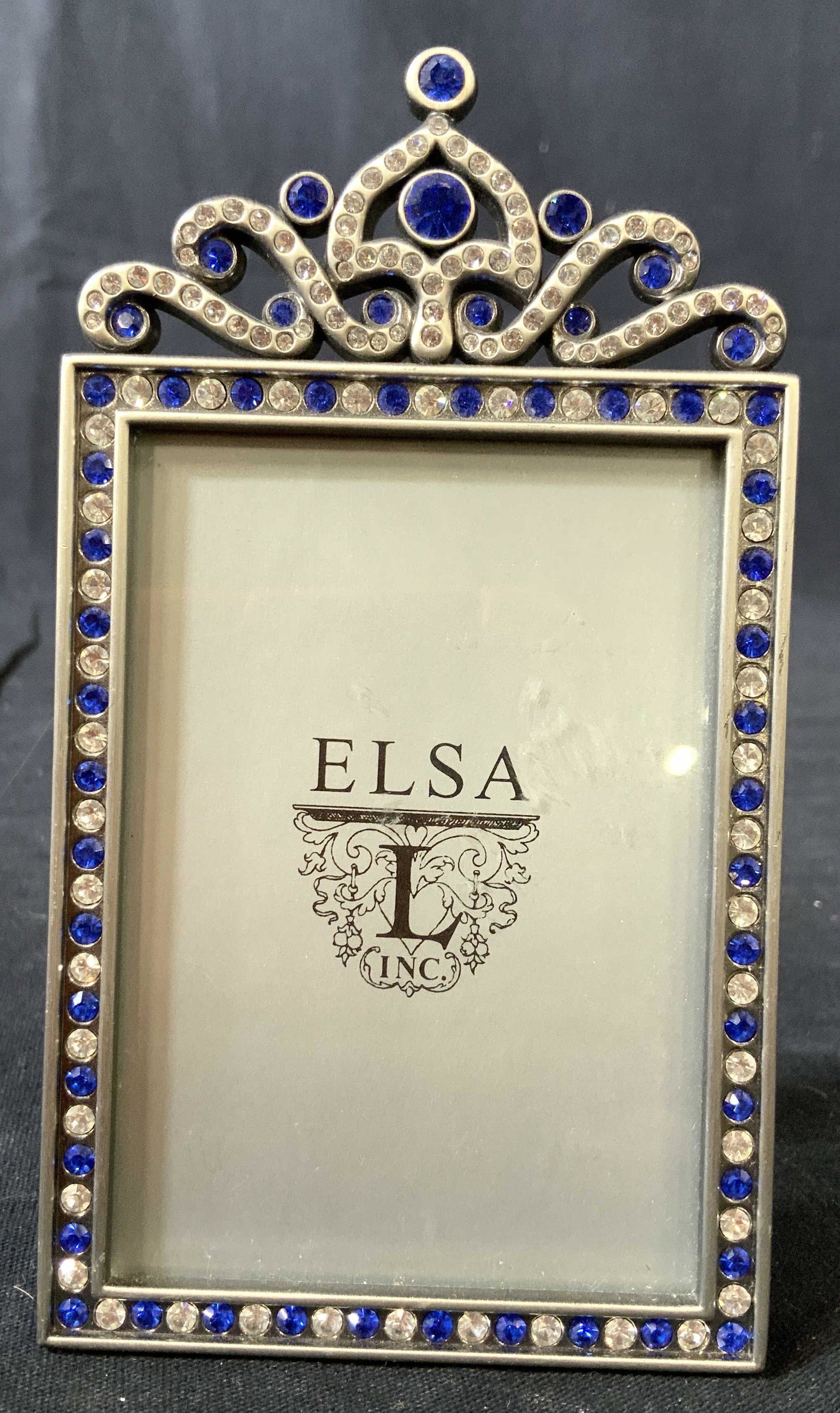 ELSA L Inc Rhinestone Encrusted Frame: Sparkly frame with inset Rhinestones in sapphire blue and clear, Art Deco design, leather back etched for Elsa L, measures 5 by 3 inches, home decor, home accent, decorative arts and accessories