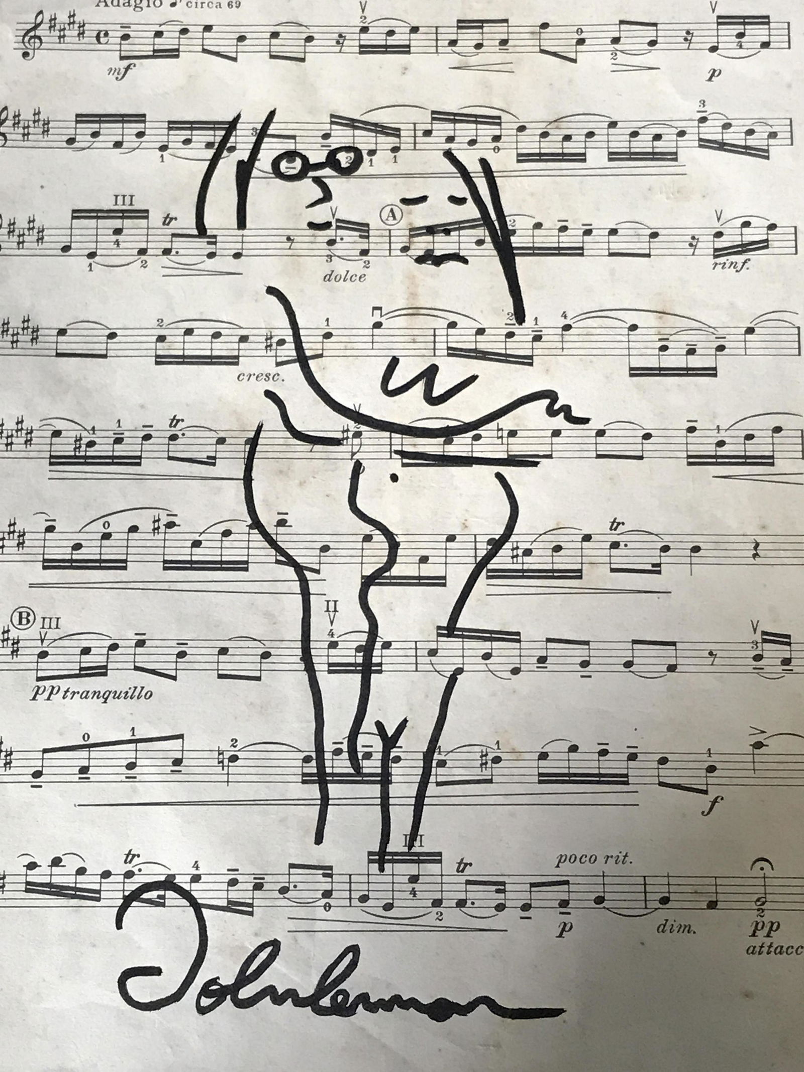 Signed Marker Drawing AFTER John Lennon: Signed Marker Drawing on sheet music AFTER John Lennon, Please Note: All lots that do not carry established documented provenance nor any past record of auction history record are described in the cat