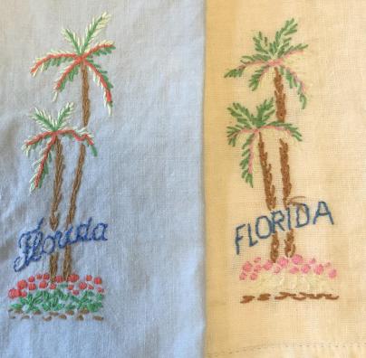 Pair Vintage Linens Florida Hand Towels: Pair embroidered cotton linen hand towels, collectibles, textile arts each measures 19 by 11.5 inches