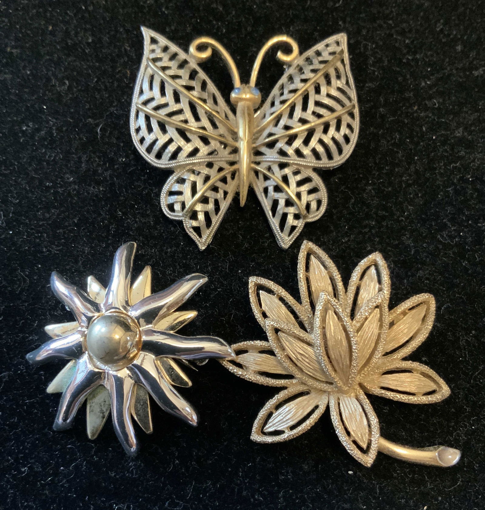 Three Vintage Avon Brooches Jewelry: Two pins marked for AVON, vintage fashion jewelry, estate jewelry, pins, Avon Costume jewelry, butterfly measures app 2 inches square