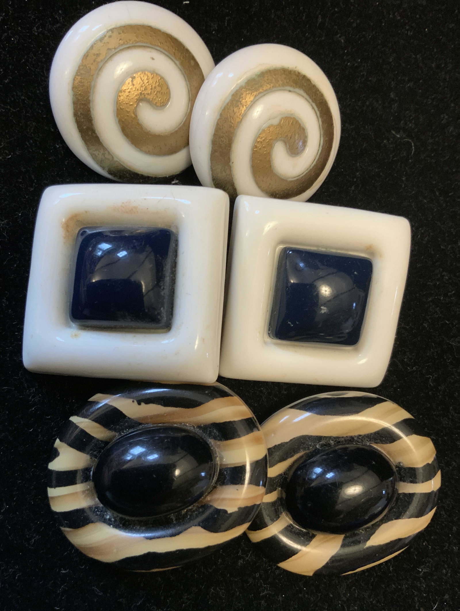 3 Pairs Vintage Bakelite Earrings, Jewelry: Arts and crafts style earrings, jewelry, fashion jewelry, estate jewelry, vintage jewelry, largest measures 2 inches