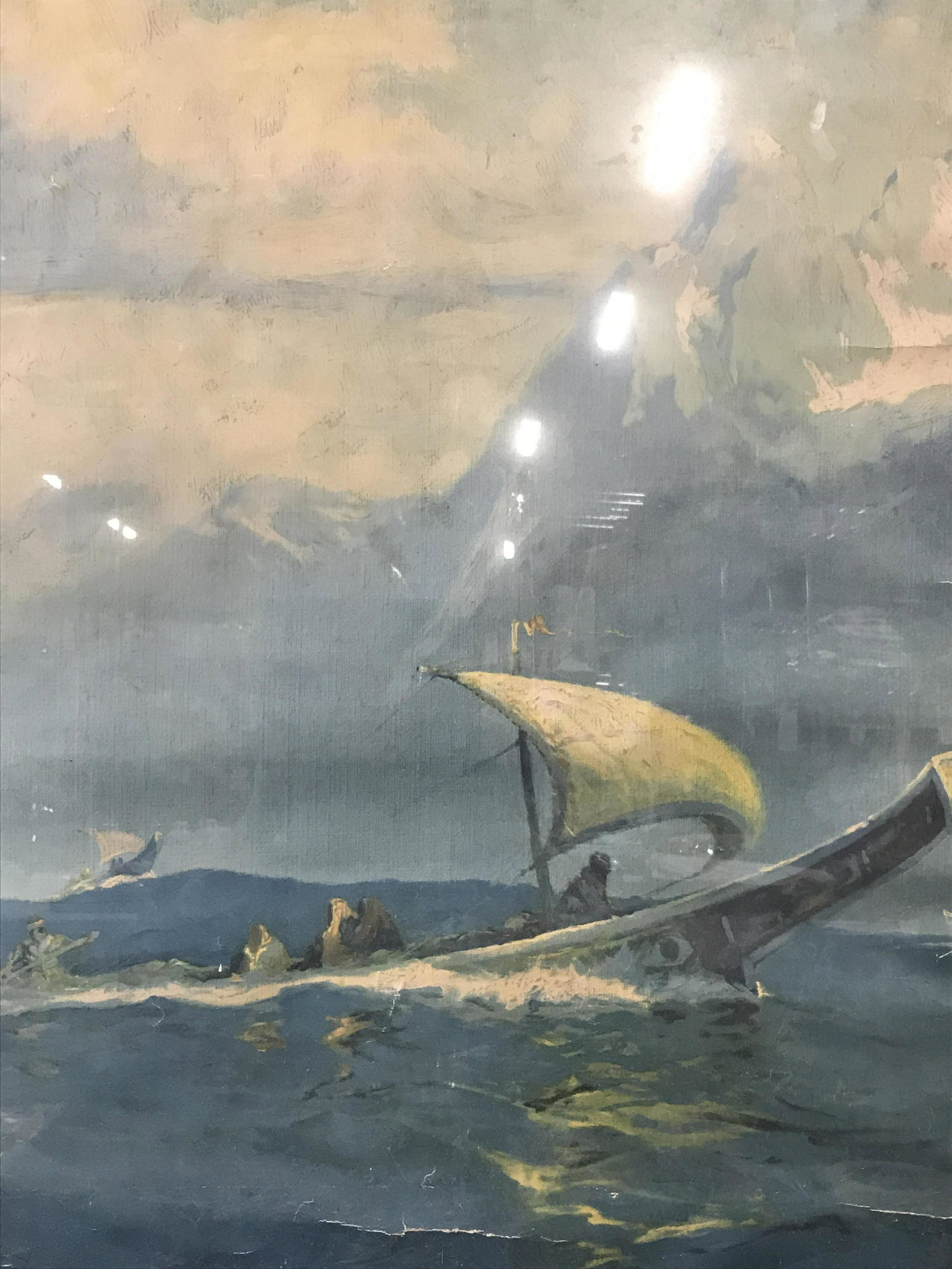 Vintage Framed Canvas Poster: Vintage framed possibly Canvas poster of painting by Sydney Laurence, title of painting in the lower left corner reads ‘Alaskans—Off to the Potlatch, Northern Pacific Railway’, signature in the 