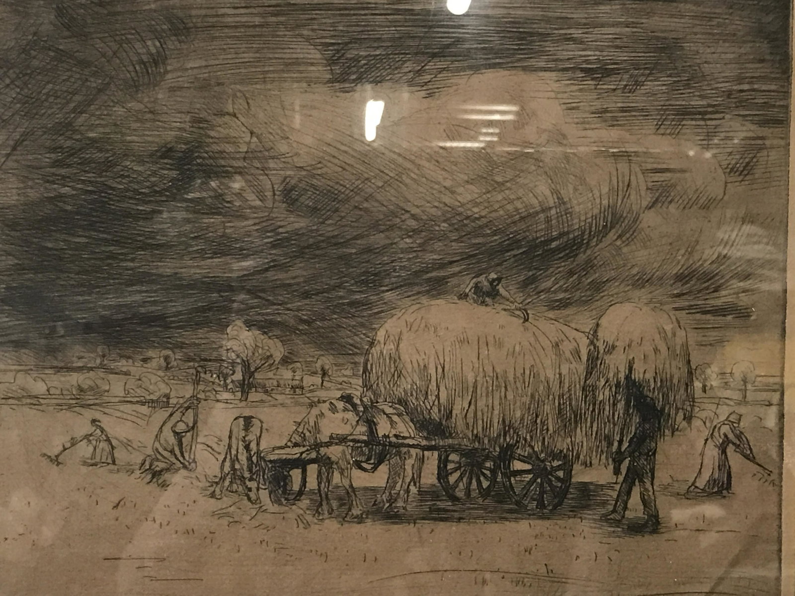 Signed Etching Jean Frelaut: Signed Etching on paper, signed in the lower left corner as Jean Frelaut, signature printed with etching in the lower left corner Jean Frelaut, subject people working a field, double matted in tan and