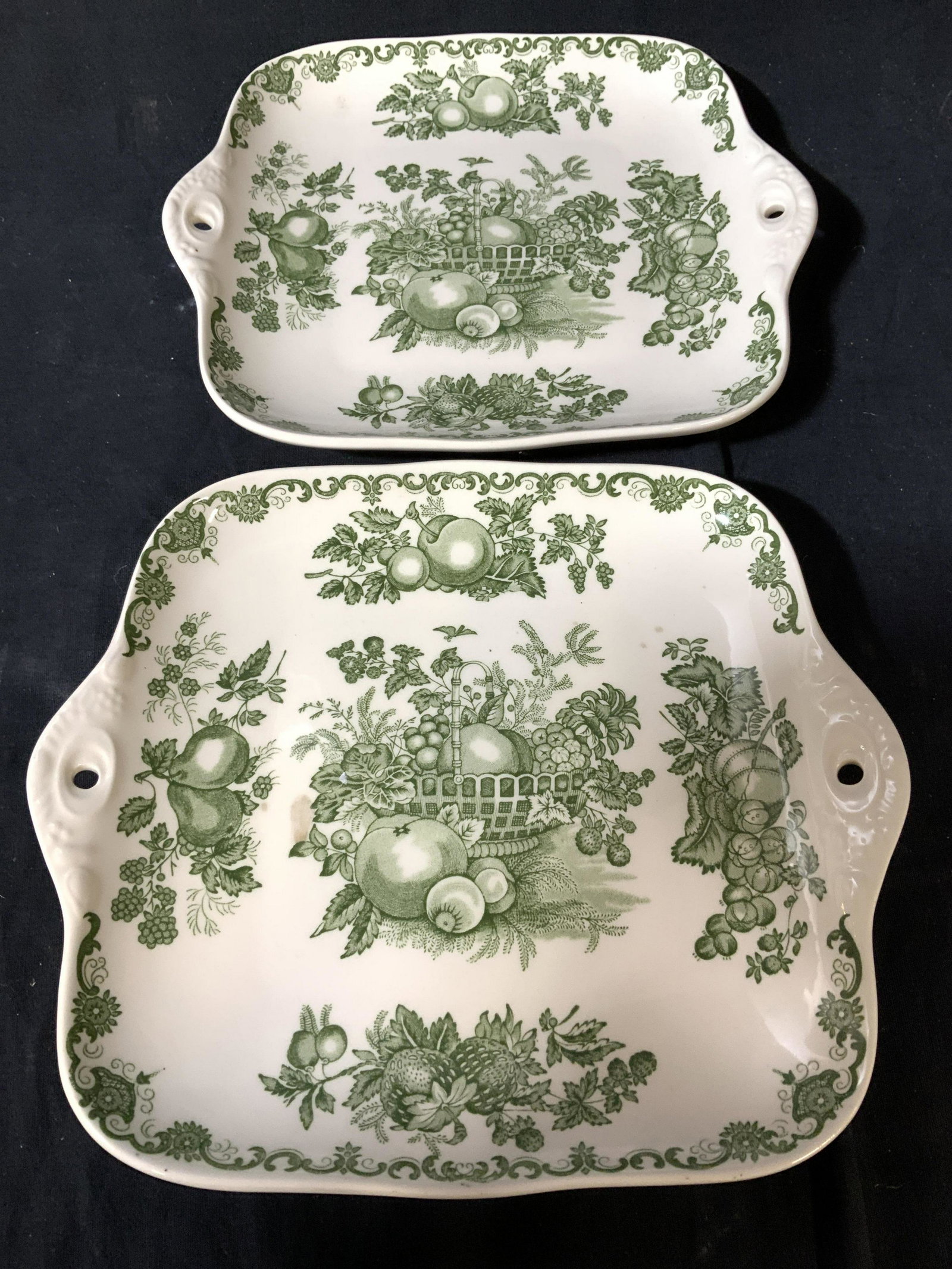 Pair Masons Ironstone Green White Plates: Fruit basket design, English porcelain ceramics, English ironstone, tableware, set of two, each measures app 9 by 10 inches
