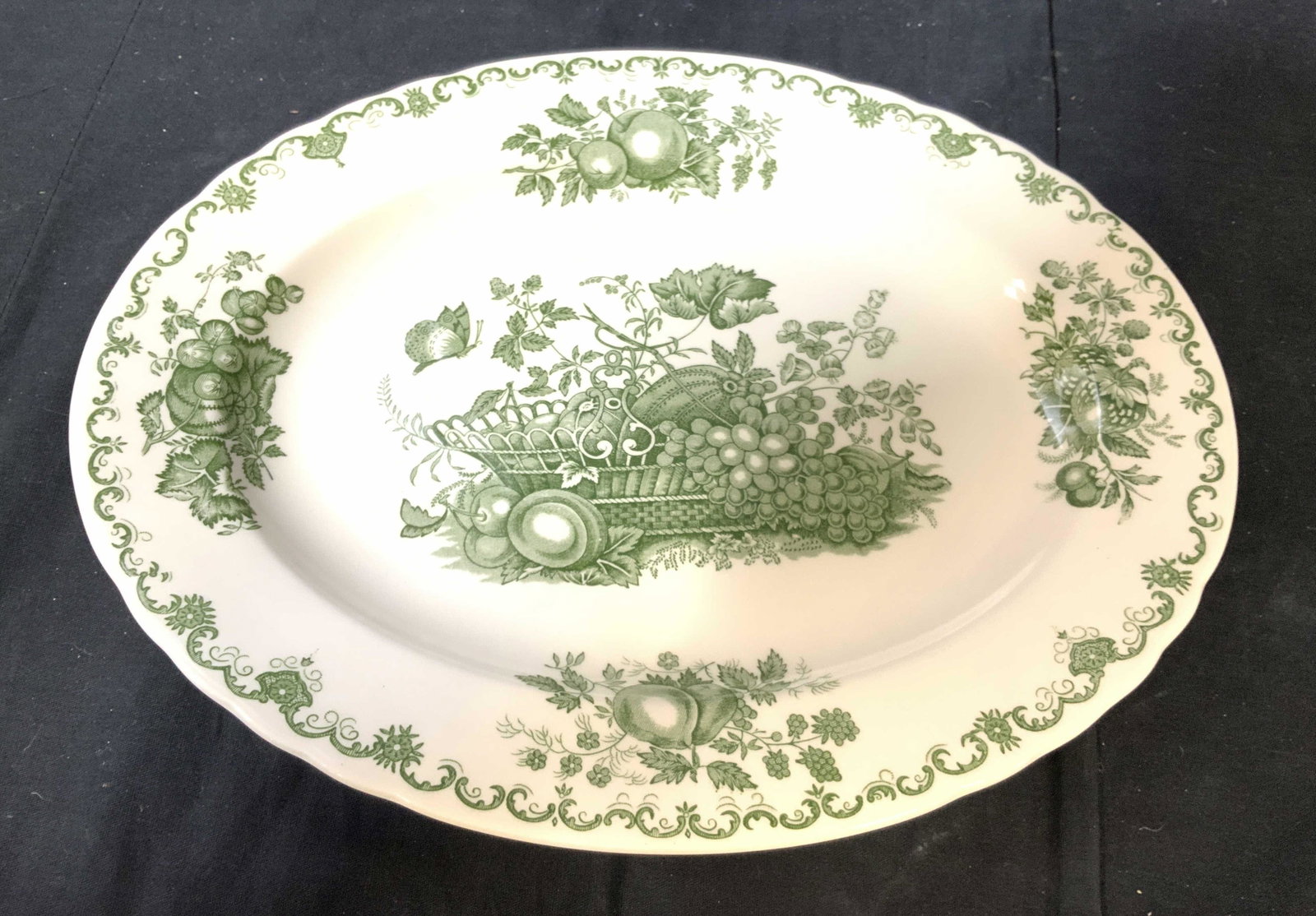 Masons Ironstone English Platter: Green and white ceramic porcelain platter, collectible ironstone, made in England, fruit basket pattern, measures 11 by 14 inches