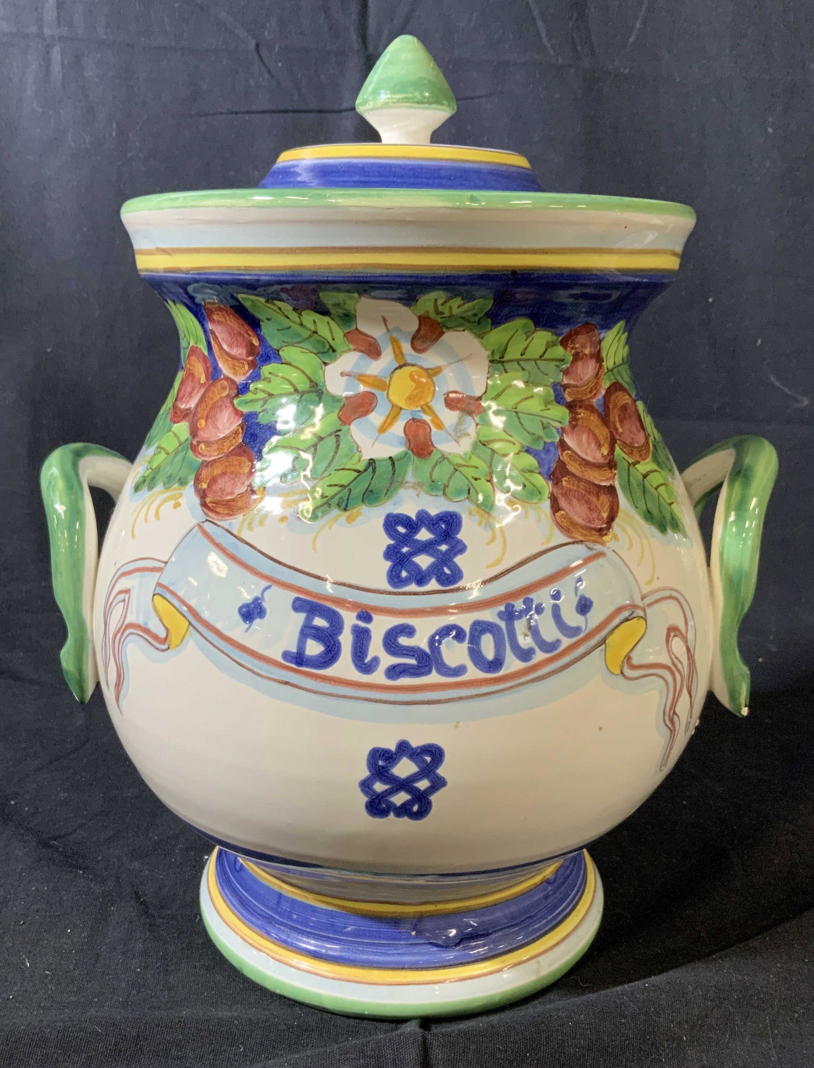 Lidded Ceramic Cookie Jar, Biscotti: Lidded ceramic jar, cookie jar, kitchen ware, measures ht 12 inches width app 9.5 inches
