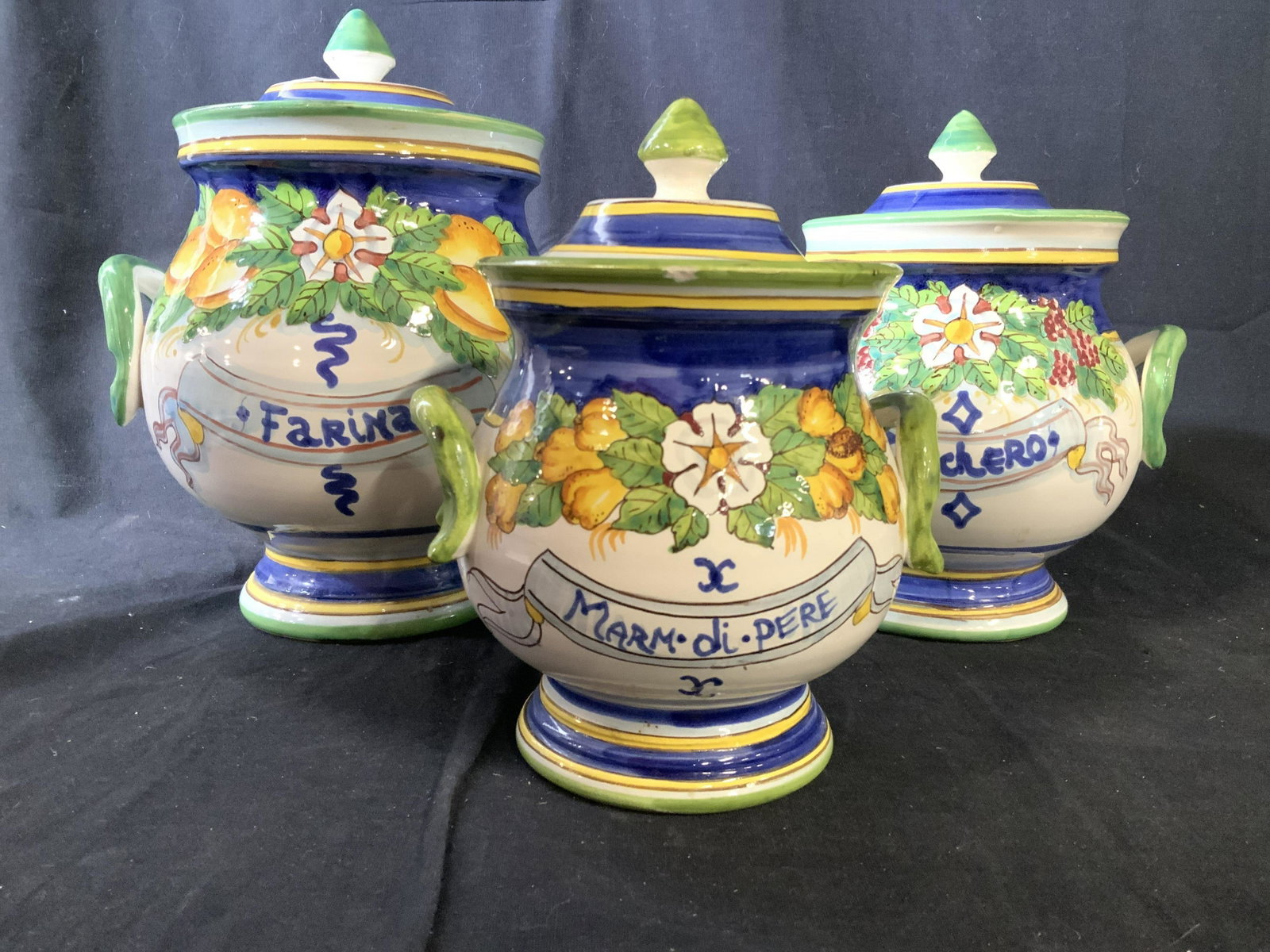 Set 3 ceramic Lidded Canisters: Green blue yellow white lidded ceramics, tallest measures 10.5 inches, one says farina, zucchero, Mark di Pete, some chips, canisters, tableware, kitchen accessories