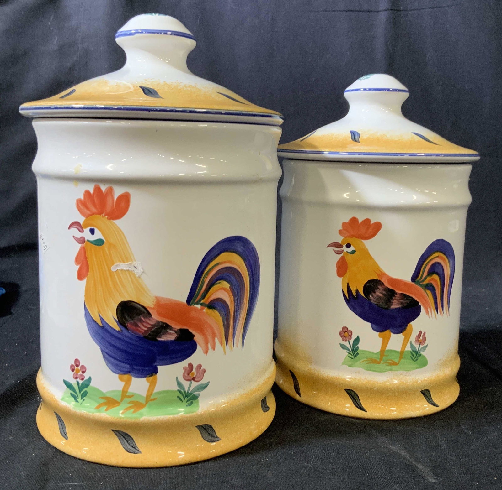 Pair Lidded Rooster Canisters, Herend of Hungary: Each hand painted, marked underside for Herend of Hungary, Ceramics, kitchen ware, rooster design, taller measures ht app 9 inches
