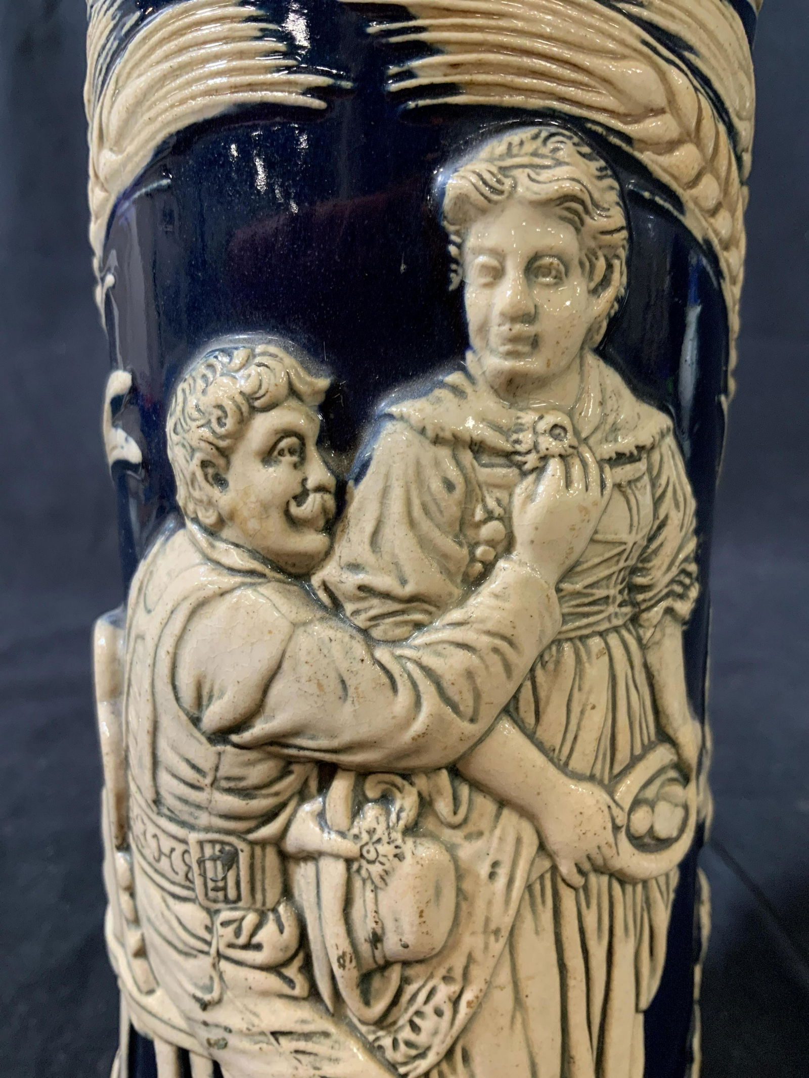 Blue and cream toned Ceramic Beer Stein: German Stein, marked on underside, shelf piece, tableware, tankard, mug, collectible, ht app 8 inches