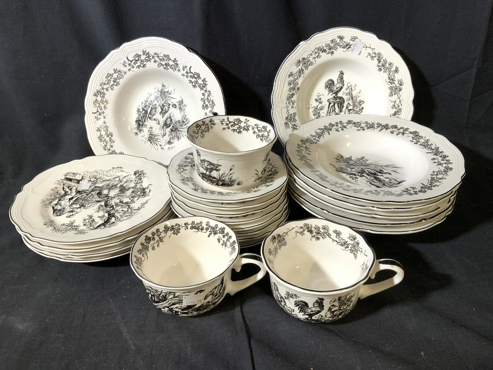 Black and White Toile Ceramic Place Settings: tableware, Partial dinner service, lunch service, place settings, porcelain ceramics by New England Toile tabletop unlimited , 4 plates diameter 8.5 inches, 3 cups, 8 saucers, Tim soup bowls 7