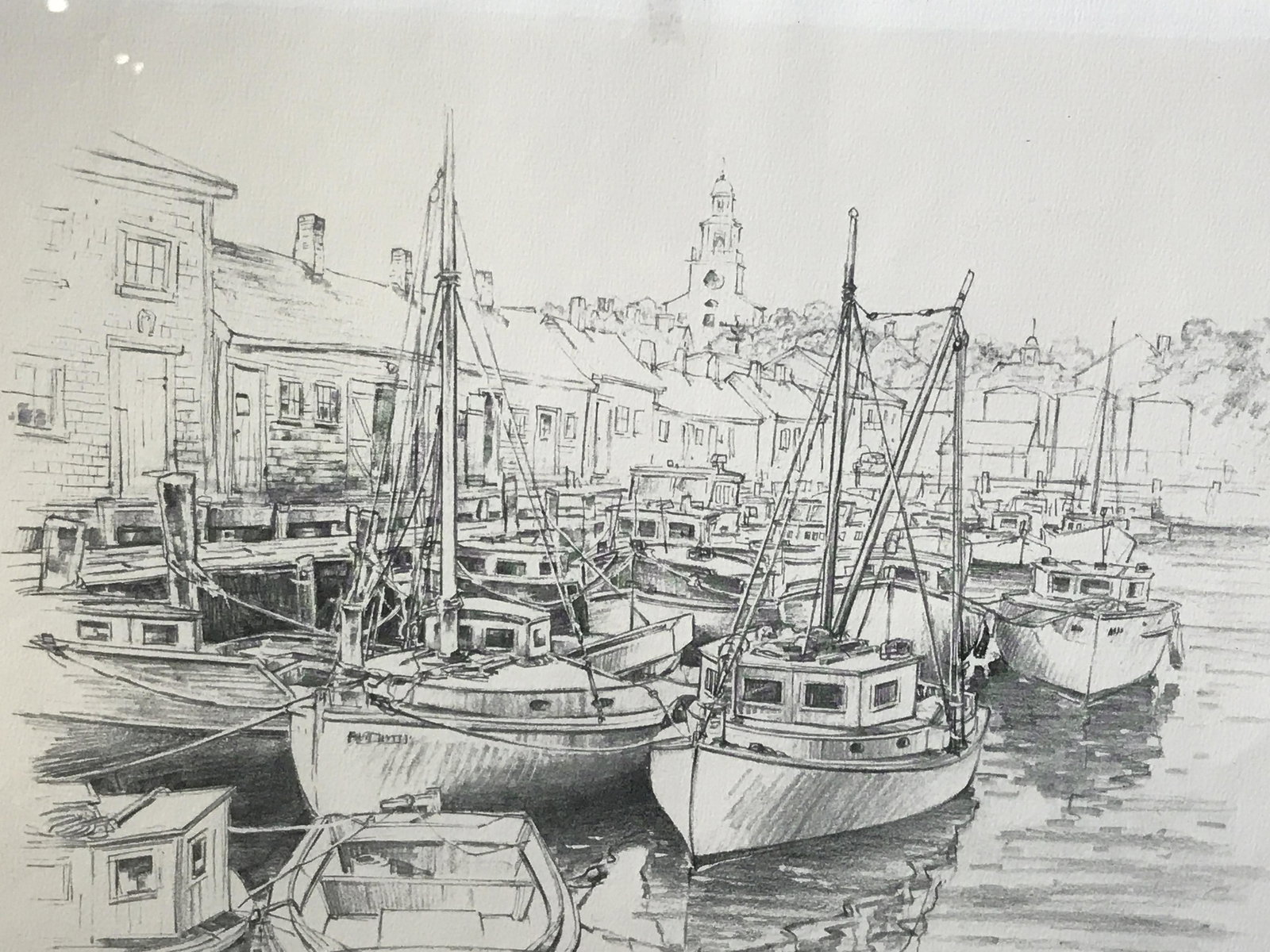 Signed Lithograph Jas F. Murray: Signed lithograph, signed in the lower right corner Jas F. Murray, title in the lower right corner covered partly reads ‘Boats At Old South—‘, subject boats at a dock with a townscape in the bac