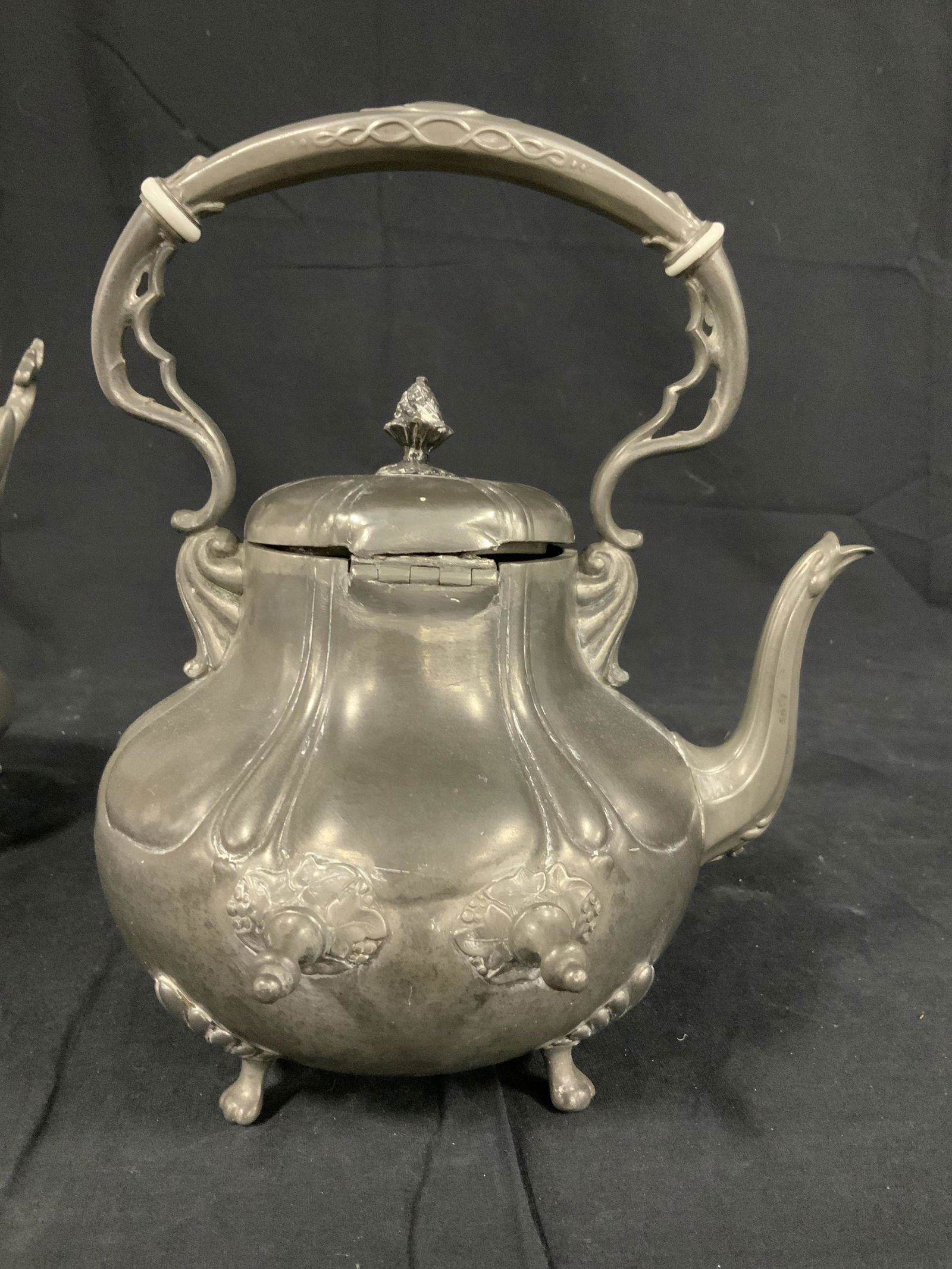 Vintage Pewter Footed Teapot in Stand: Signed underside illegibly, numbered, Ht on stand measures17 inches, hinge not attached, decorative kitchen ware, table ware, tea pot, coffee pot,