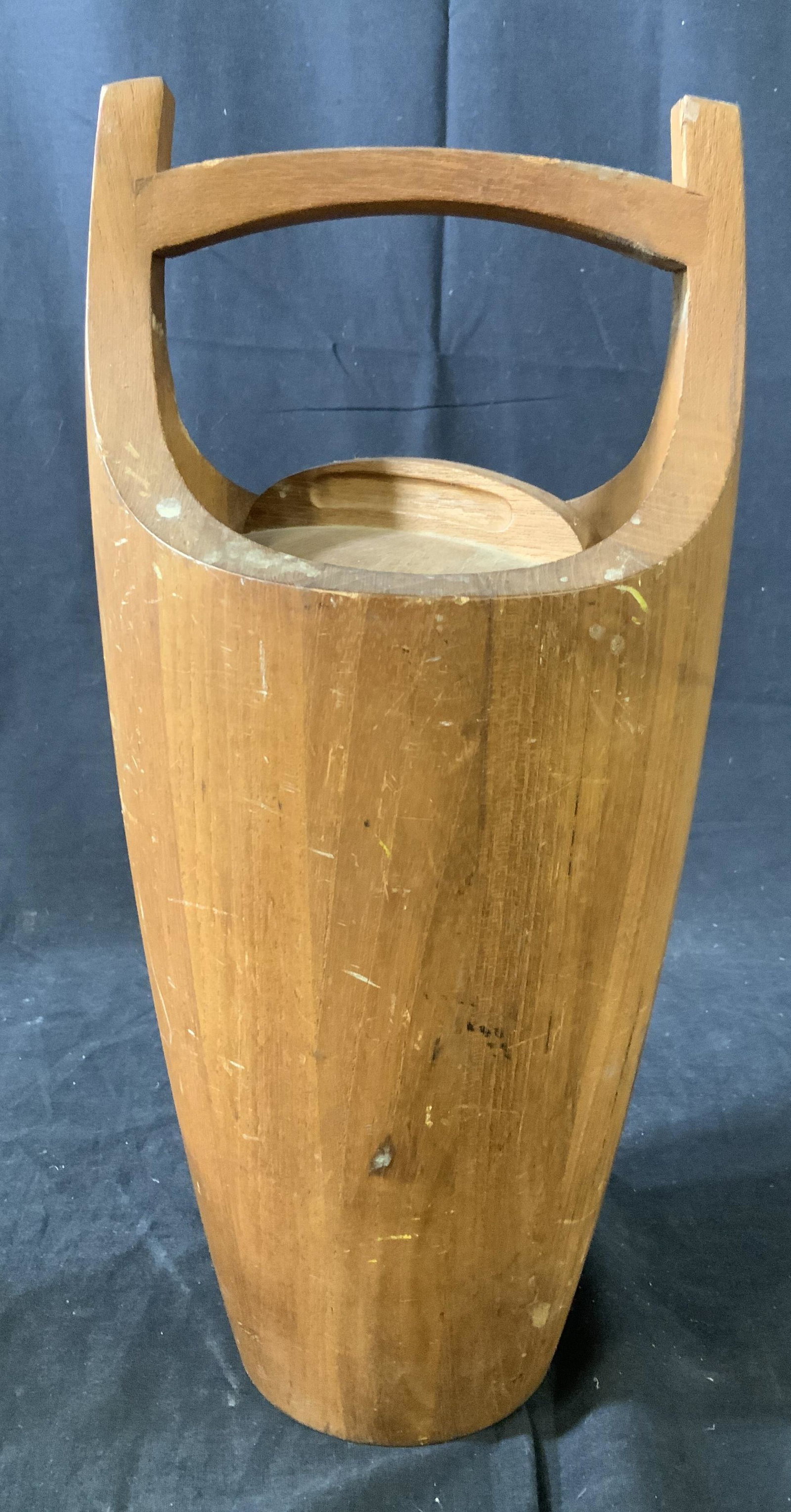 Vintage MCM Dansk Teak Wood Ice Bucket: Marked underside for dansk, for Denmark, mid century modern design, ice bucket, up cycle vase vessel, table ware, bar ware, scratches and wear to wood, measures ht 16 inches diameter 8 inches