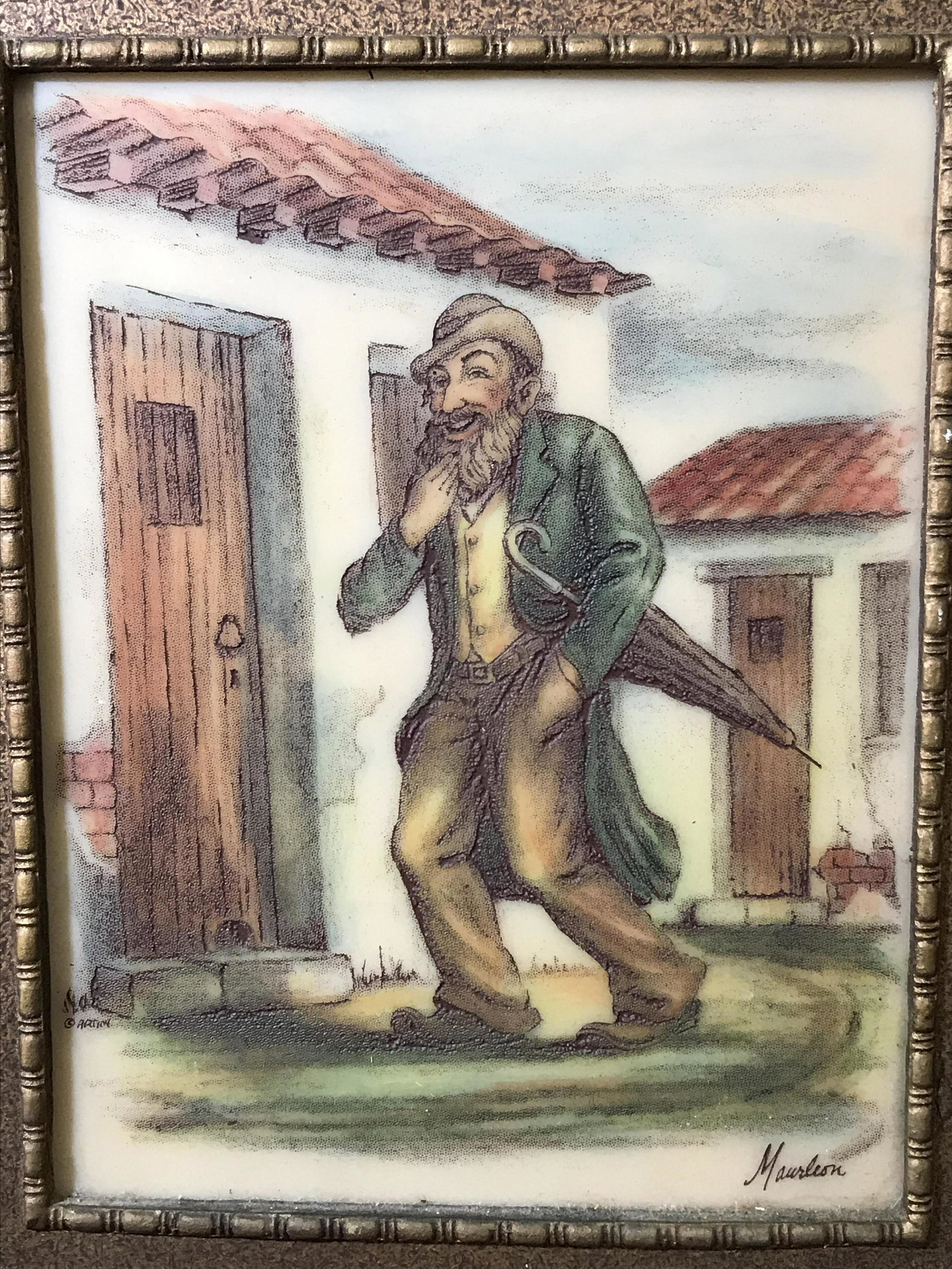 Signed Hand Painted Engraving on Resin Maurleon: Signed hand painted engraving on resin, signature in the lower right corner reads Maurleon, text in the left center section reads ‘Artini’, subject of piece bearded man Walking with umbrella under