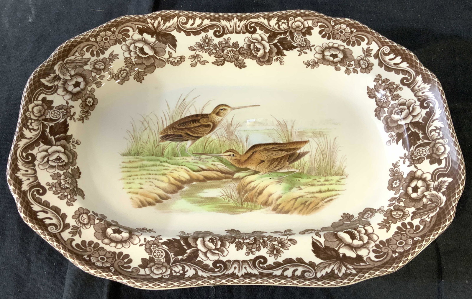 Spode Porcelain Woodland Platter, Birds: Marked underside for Spode, made in England, decorative shore birds, marsh birds, at waters edge, tableware, centerpiece, platter, measures 7.5 by 10.5 inches