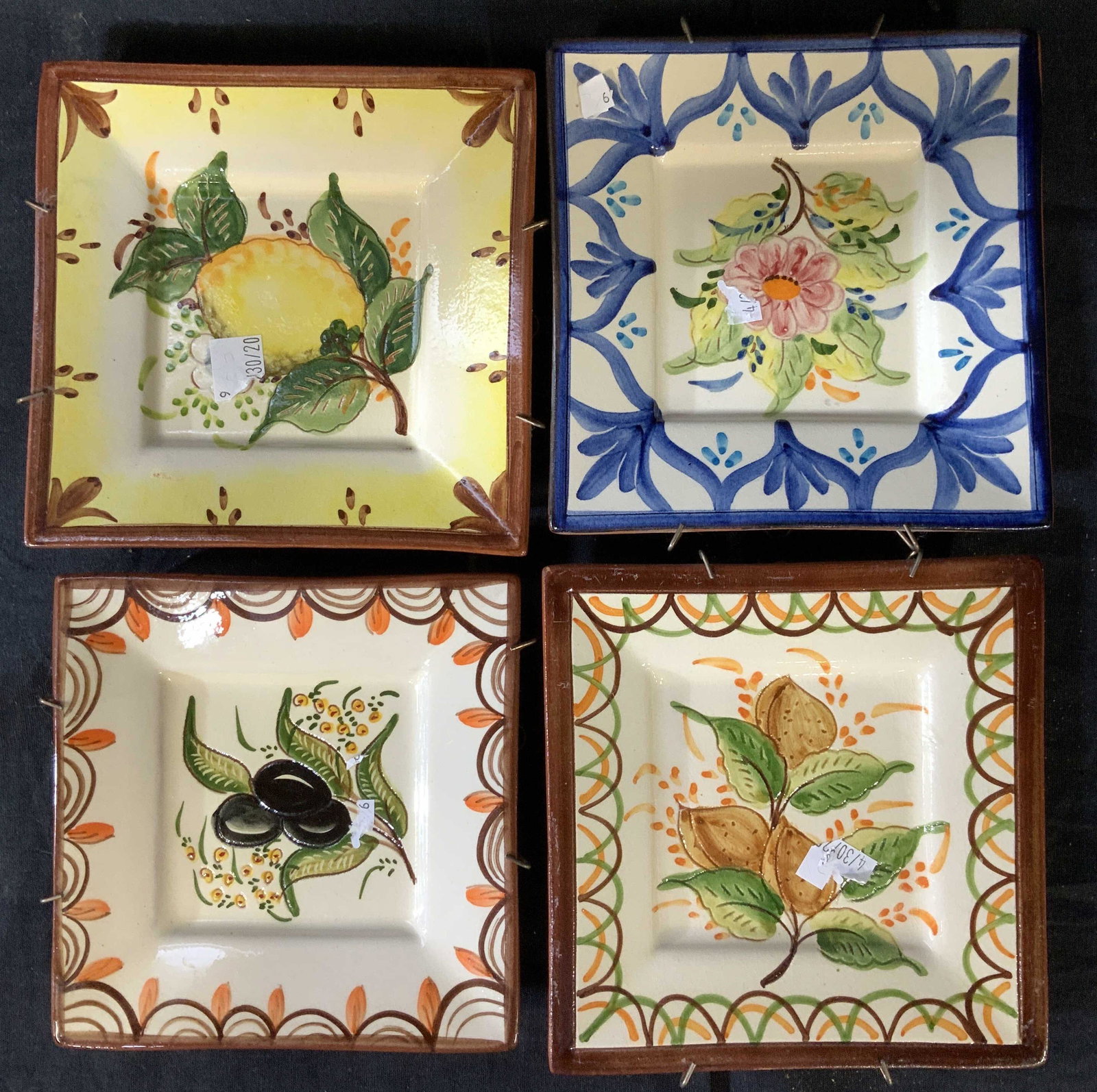 Set 4 Decorative Painted Plates, Portugal: Set for wall hanging, olives, lemons and fig motif, ceramic plates, largest measures 6 inches square, signed underside made in portugal, tableware, wall plates, shelf pieces, collectible, porcelain, p