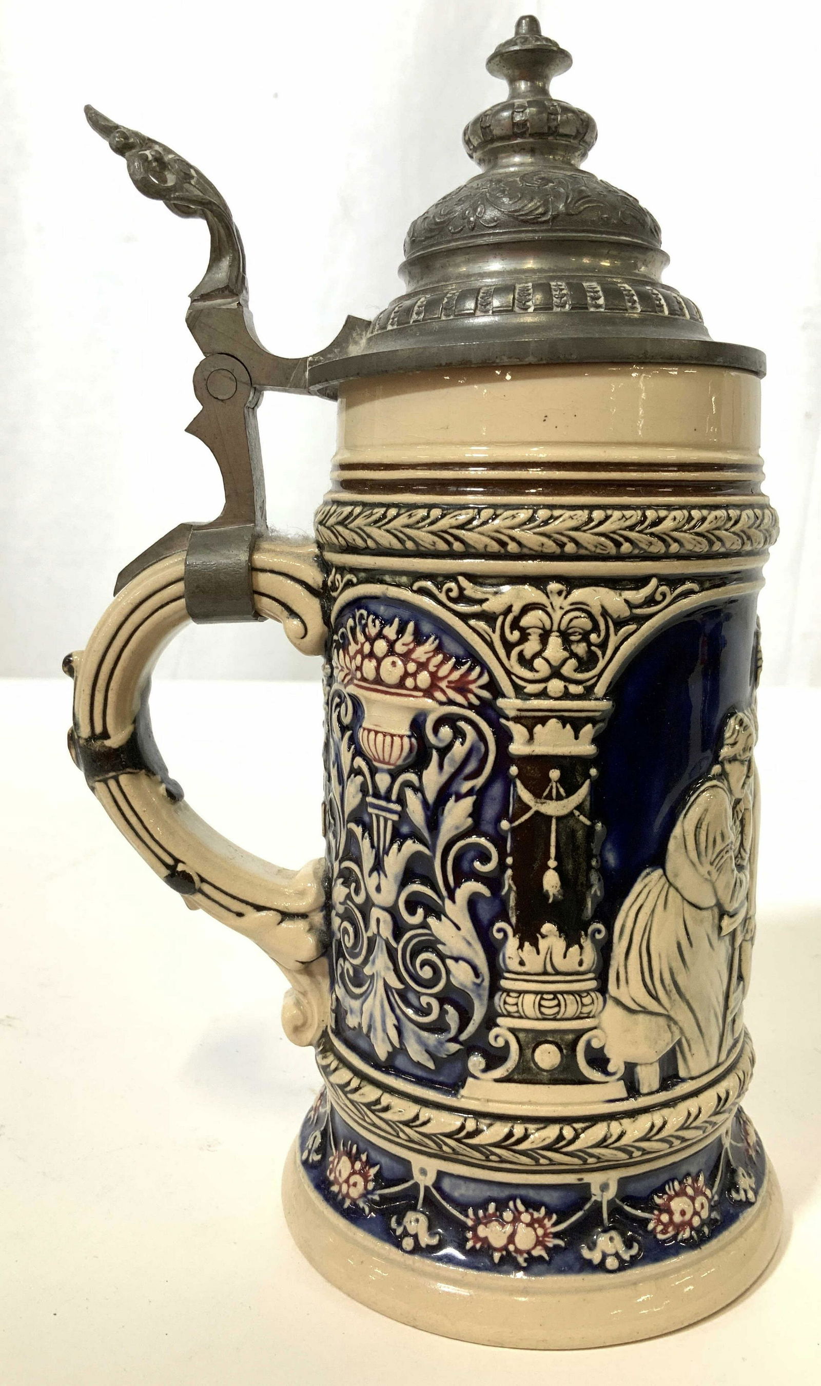 Metal Lidded Ceramic German Beer Stein: German Stein, mug, tankard, beer Stein, metal possibly pewter lid, German ceramics, bar ware, measures ht 8 inches